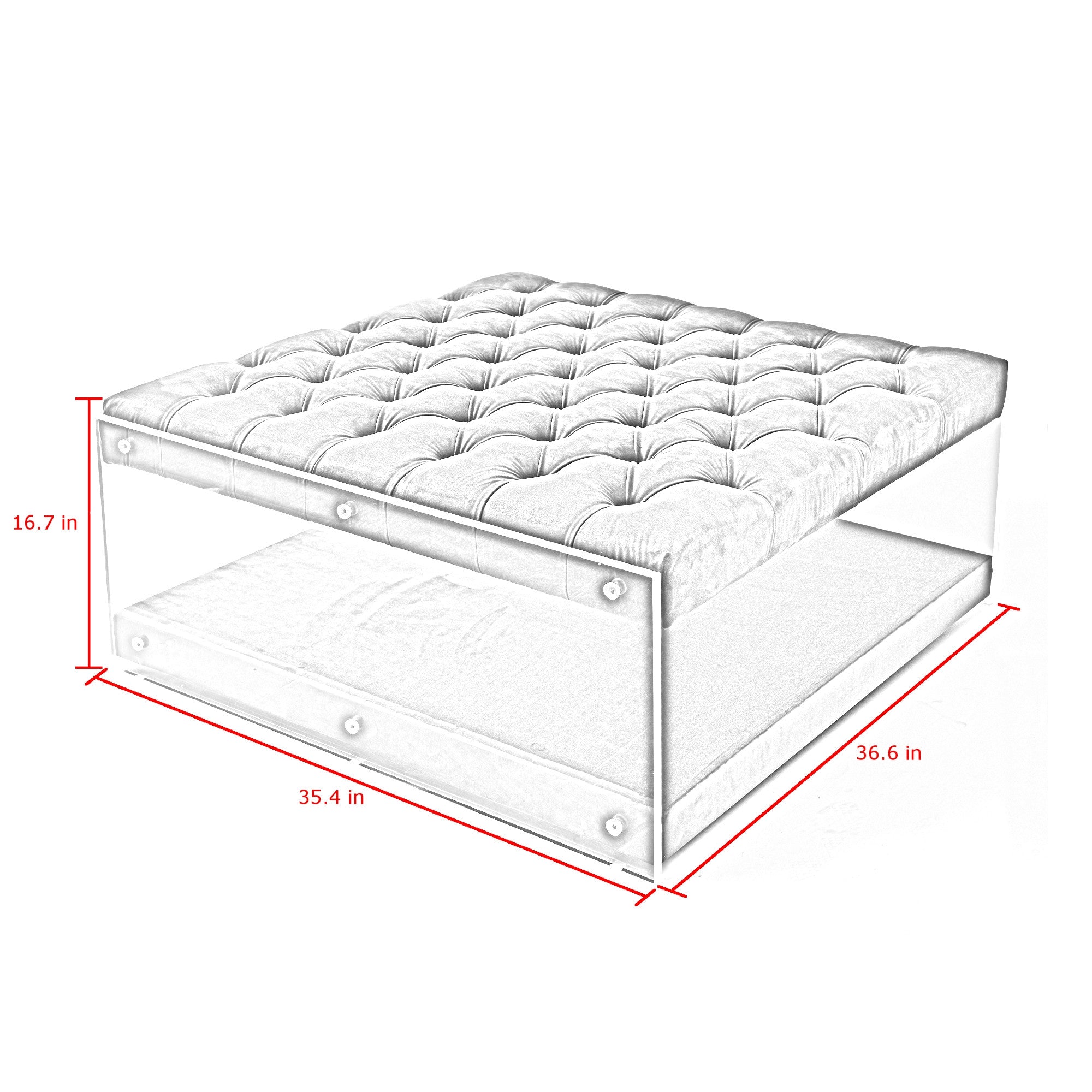 36" Light Grey Tufted Linen Clear Acrylic Sides Storage Ottoman