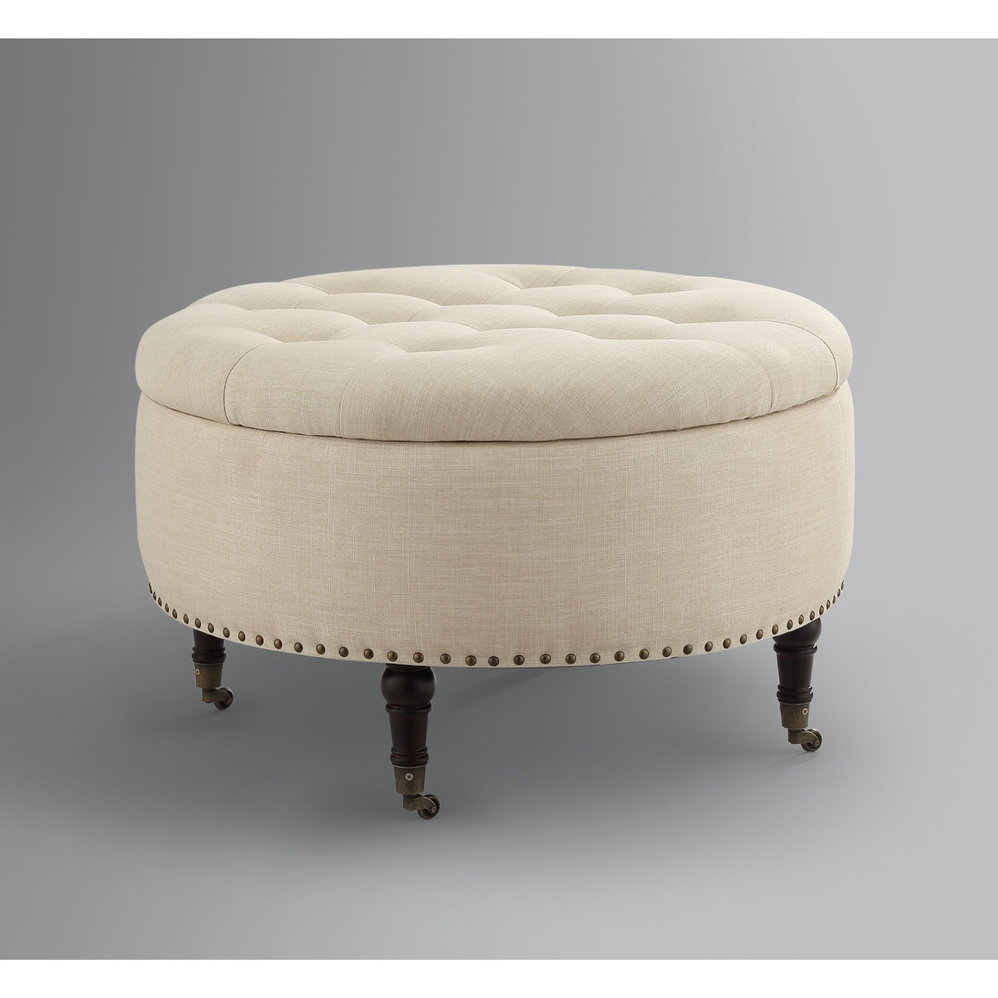 32" Beige 100% Linen With Caster Tufted Round Storage Ottoman