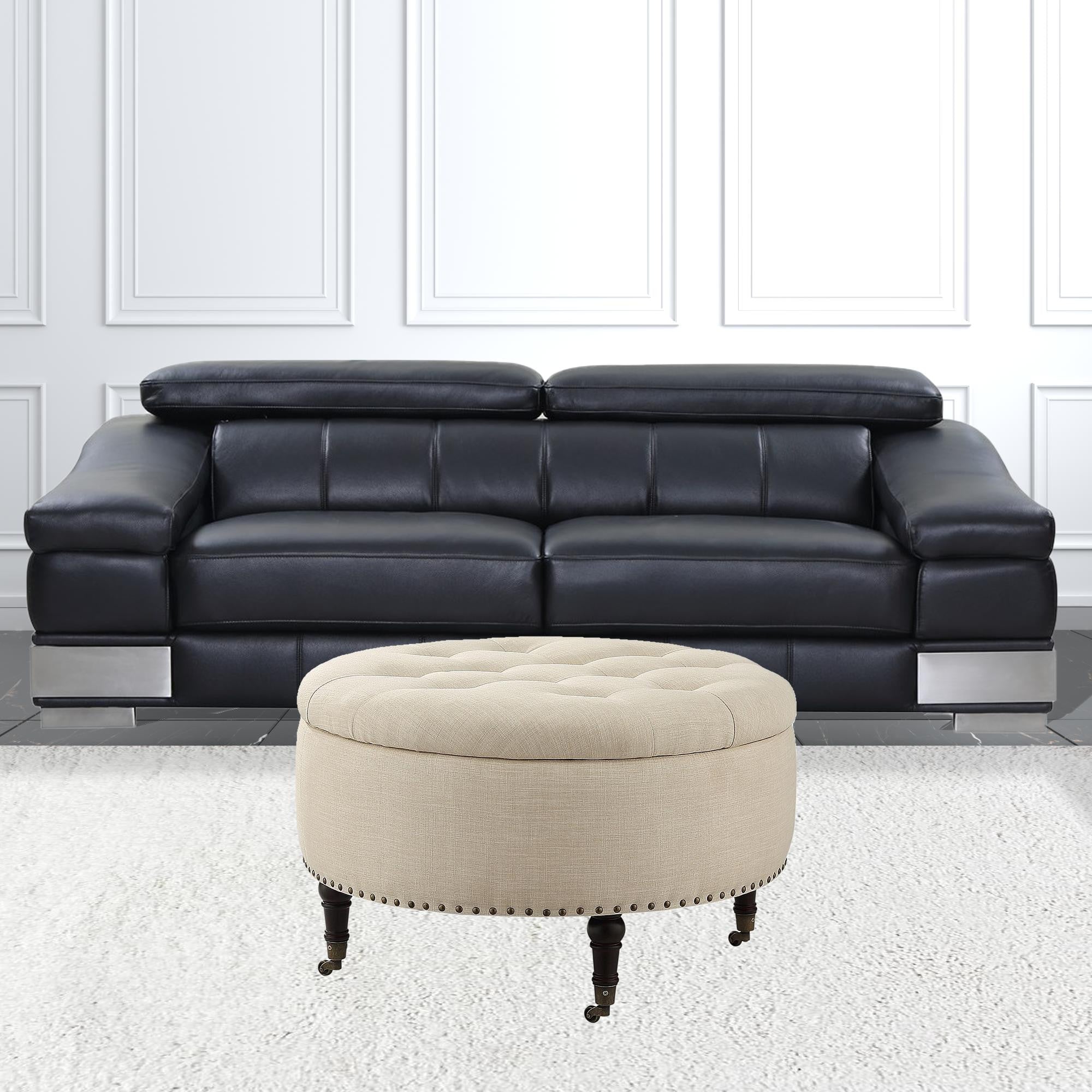 32" Beige 100% Linen With Caster Tufted Round Storage Ottoman