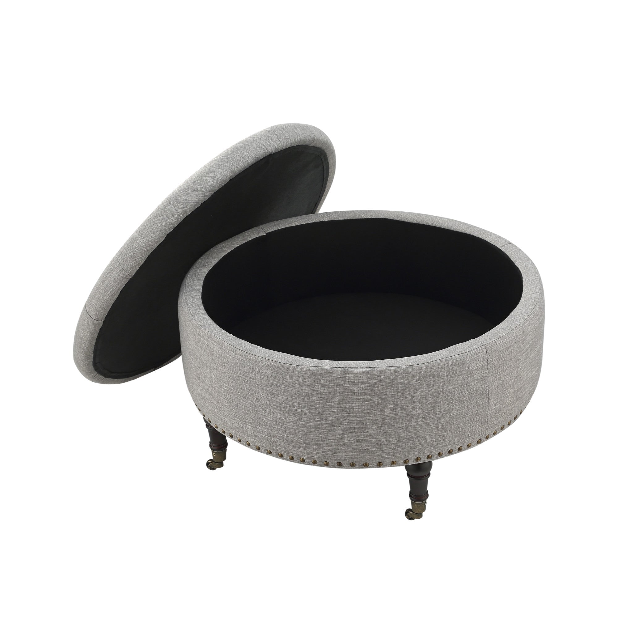 32" Grey 100% Linen With Caster Tufted Round Storage Ottoman