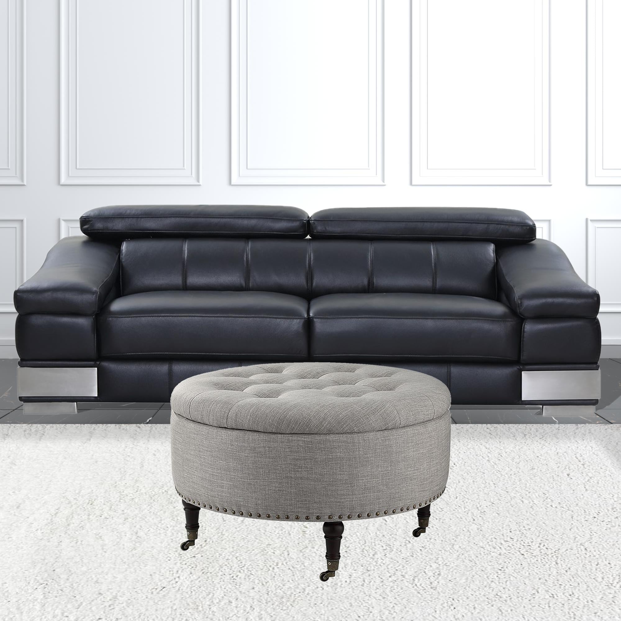 32" Grey 100% Linen With Caster Tufted Round Storage Ottoman