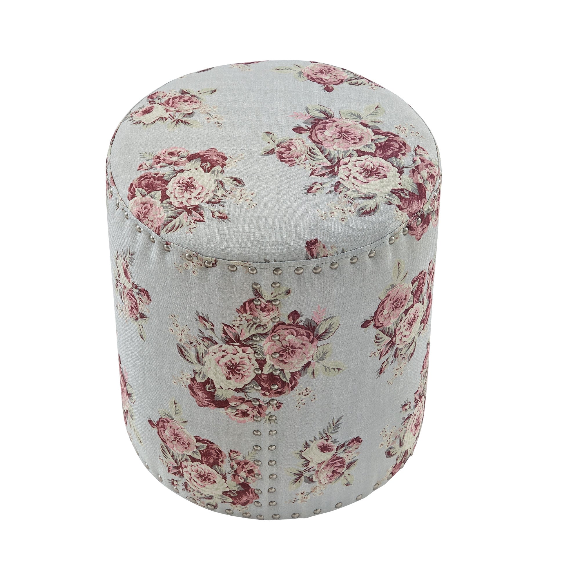 18" Pale Blue and Pink 100% Linen Round Floral Ottoman