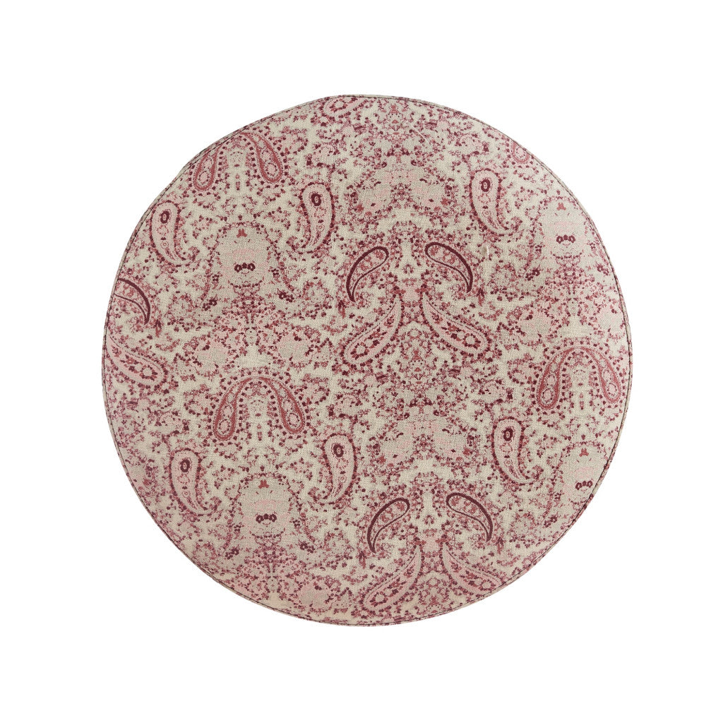 18" Paisley Red 100% Linen Round Floral Ottoman
