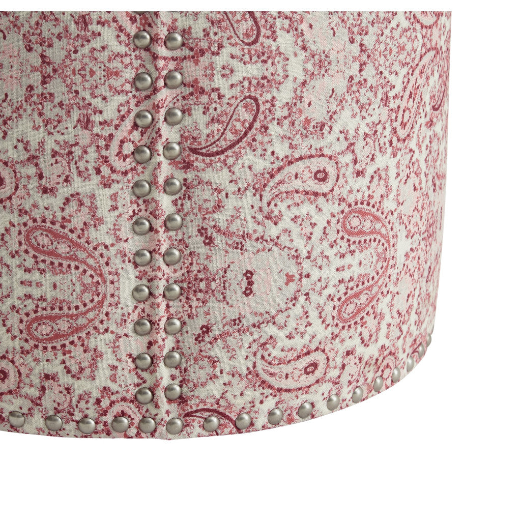 18" Paisley Red 100% Linen Round Floral Ottoman
