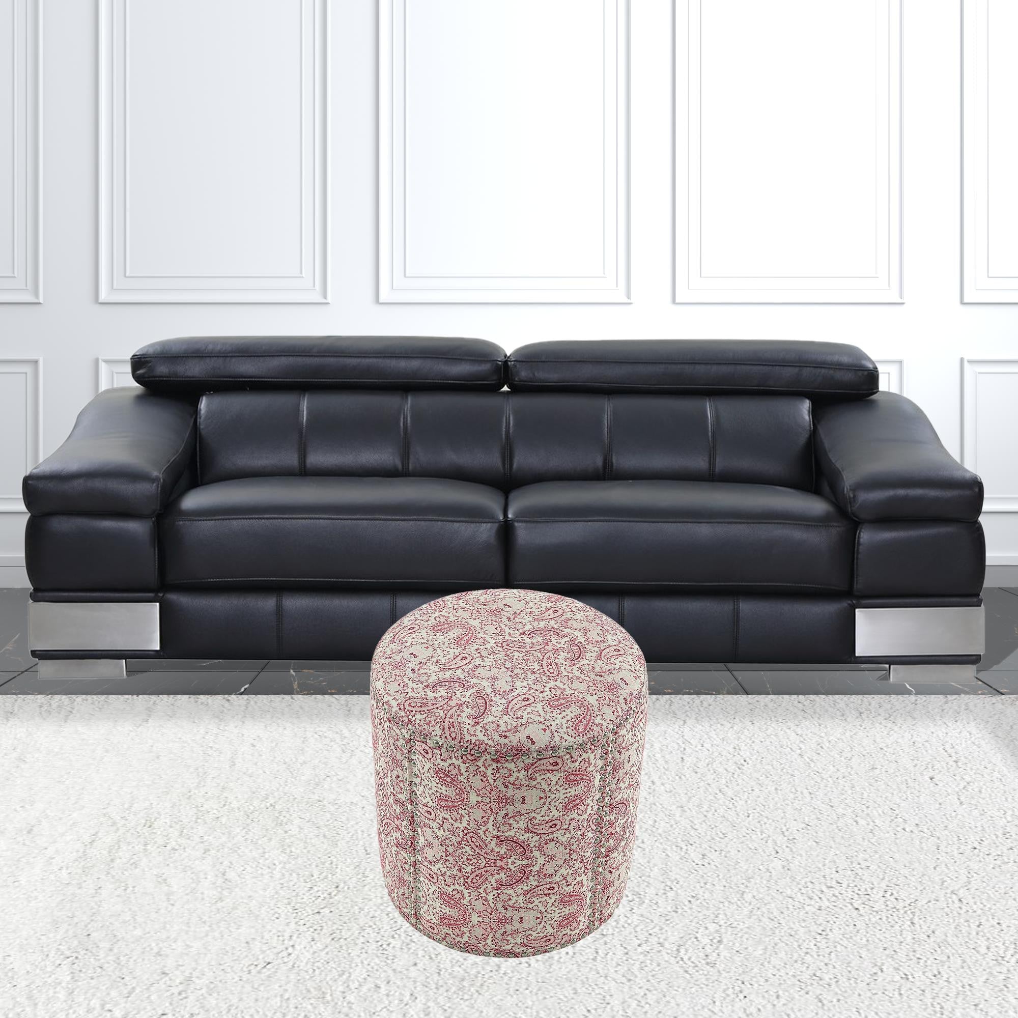 18" Paisley Red 100% Linen Round Floral Ottoman