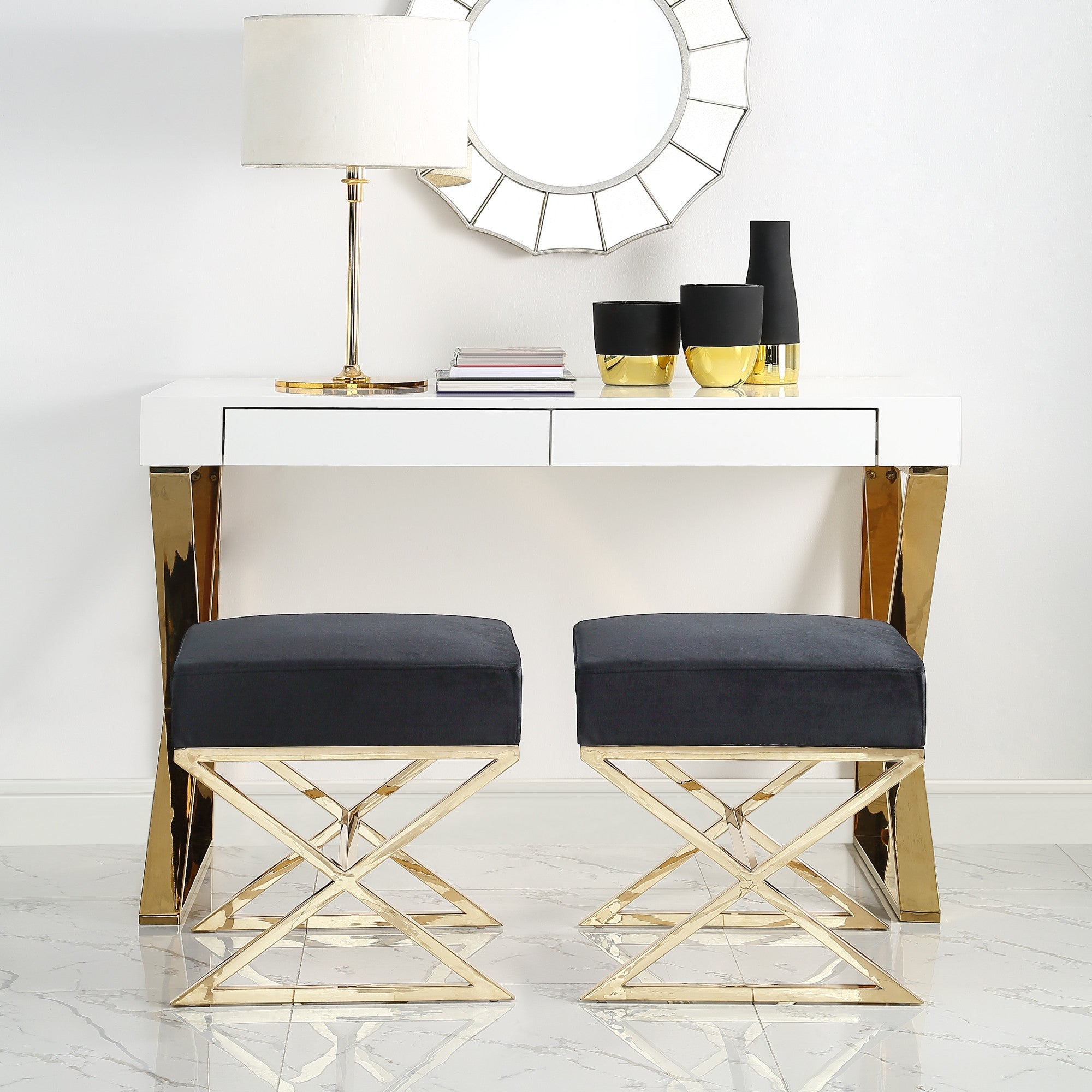 18" Black Velvet With Gold Ottoman