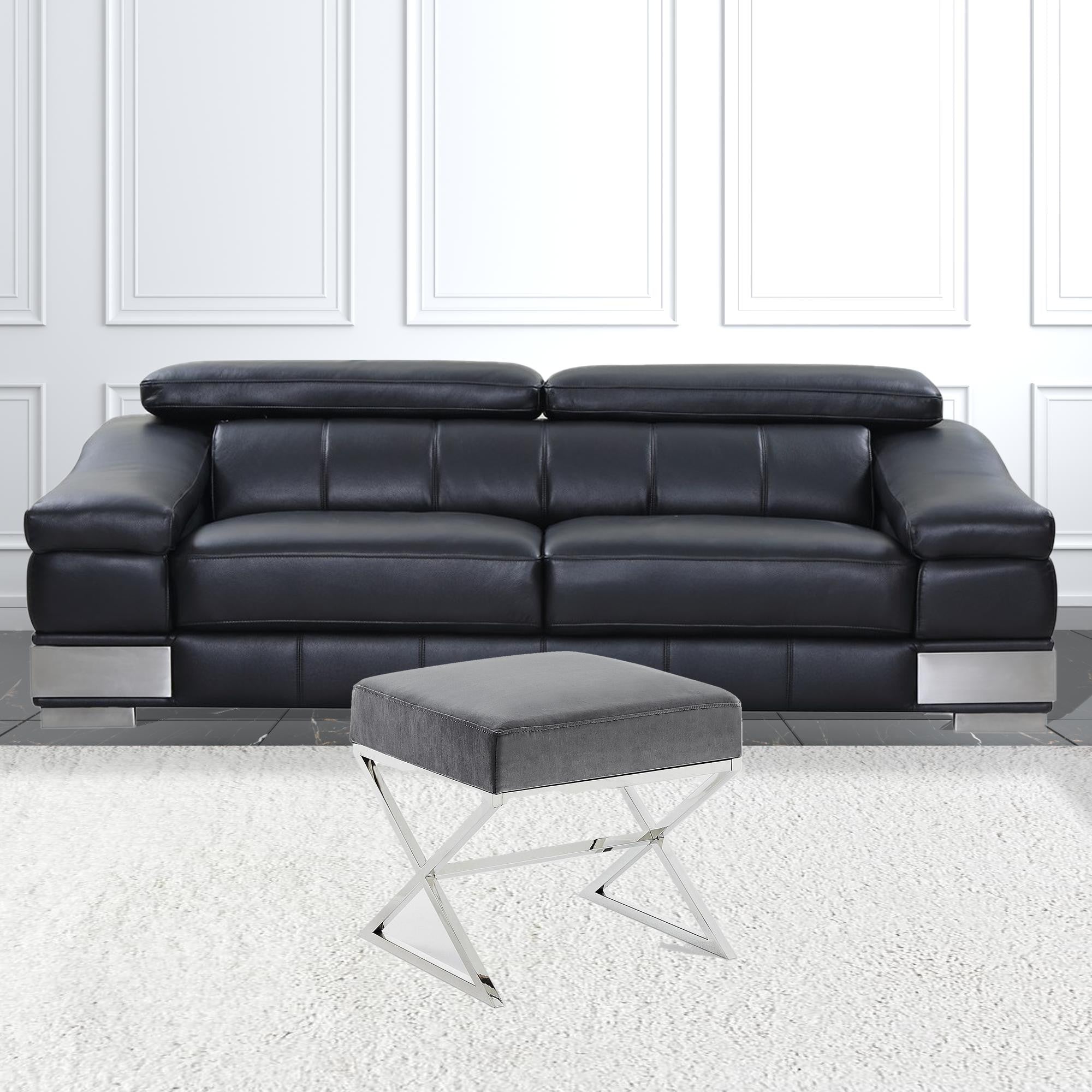 18" Grey Velvet With Silver Ottoman