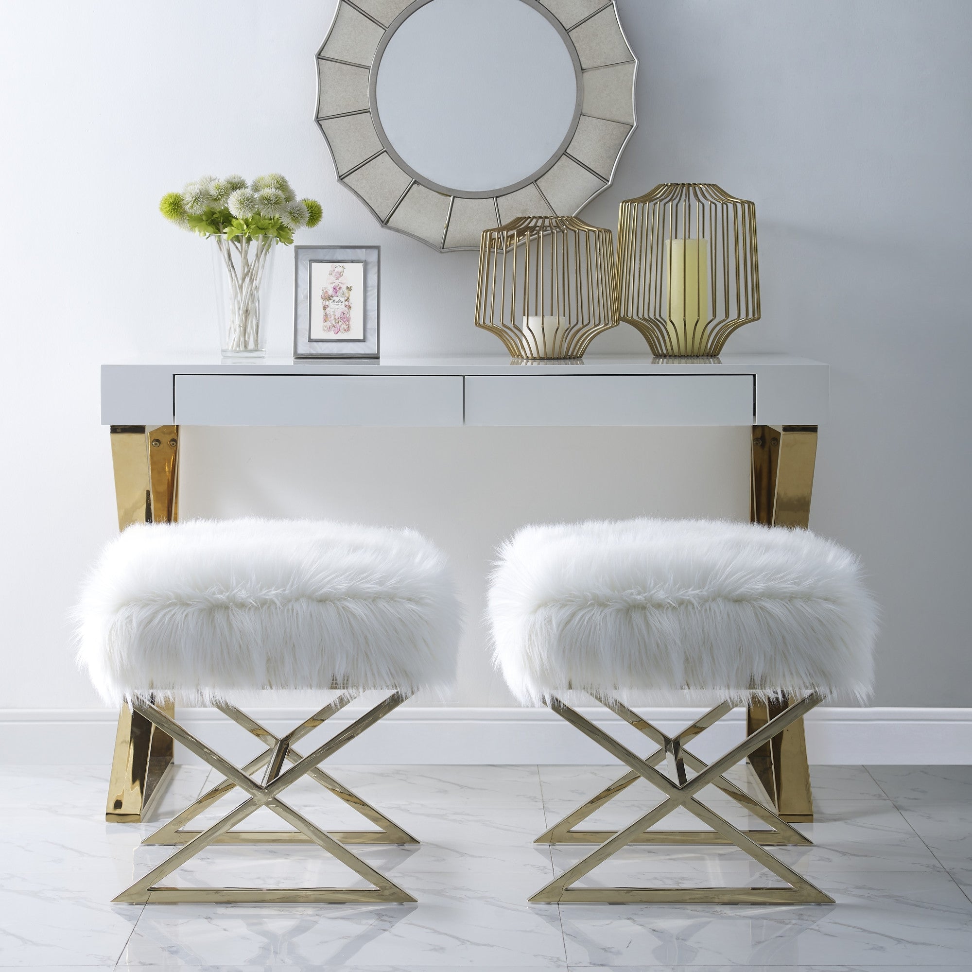 18" White Faux Fur With Brass Ottoman