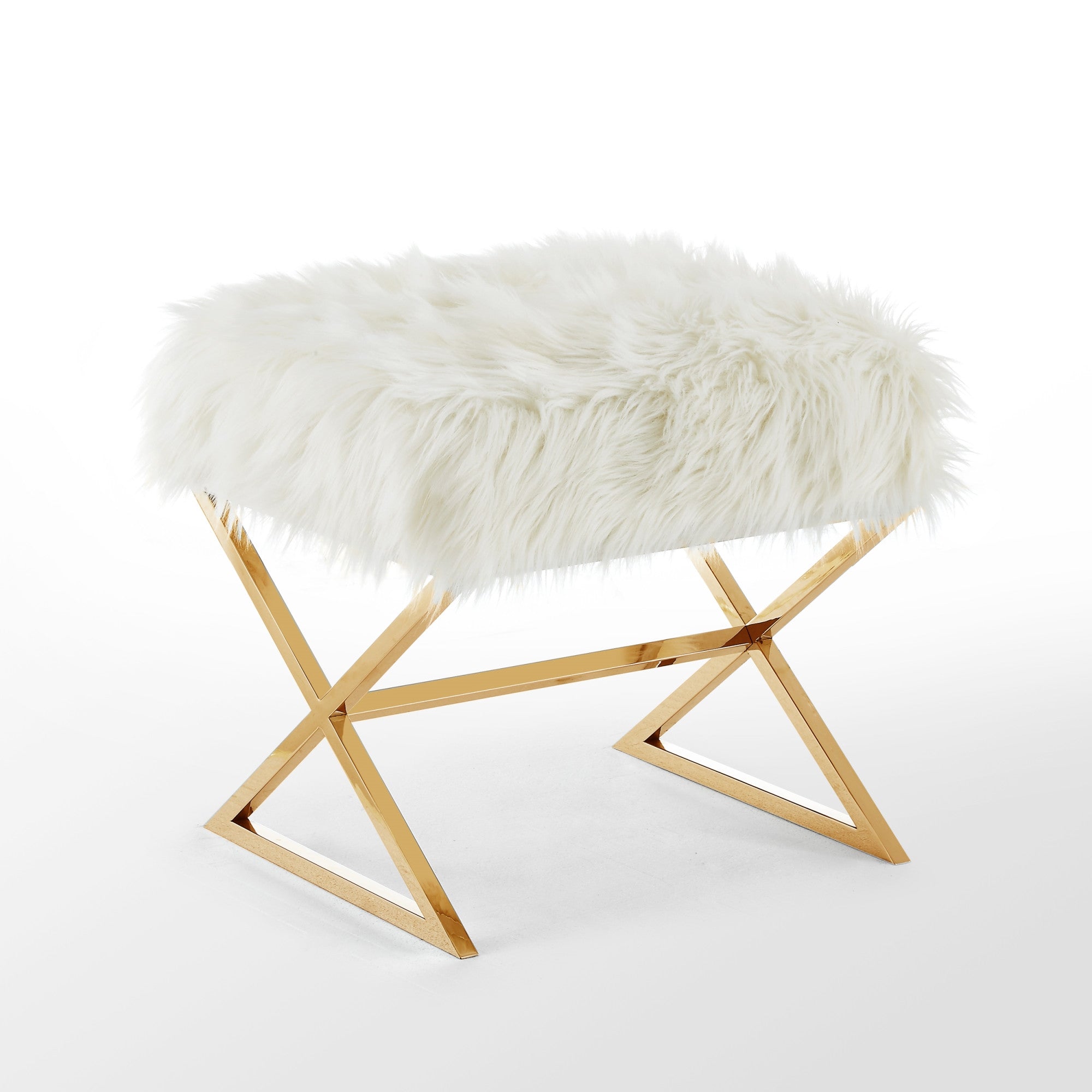 18" White Faux Fur With Brass Ottoman