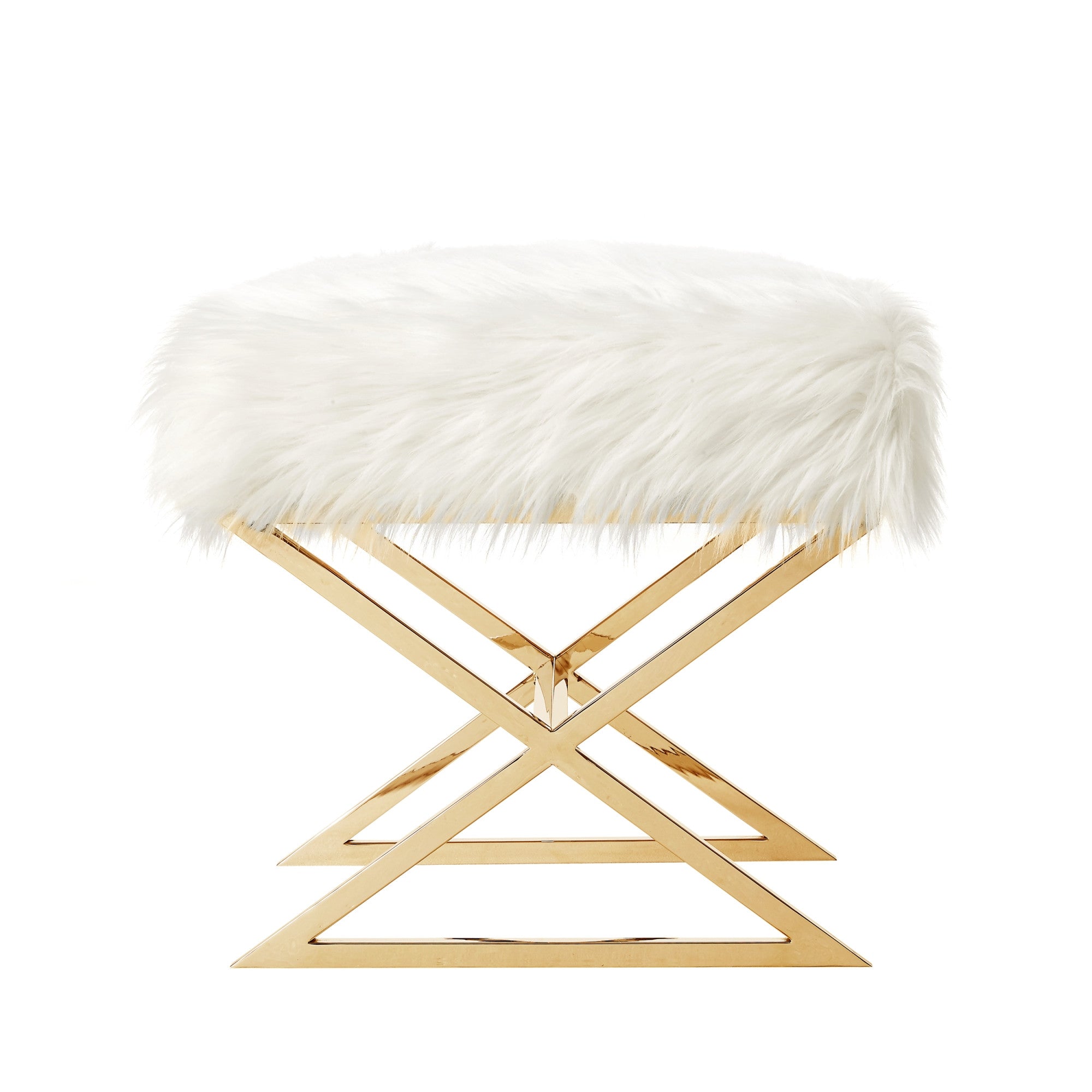 18" White Faux Fur With Brass Ottoman