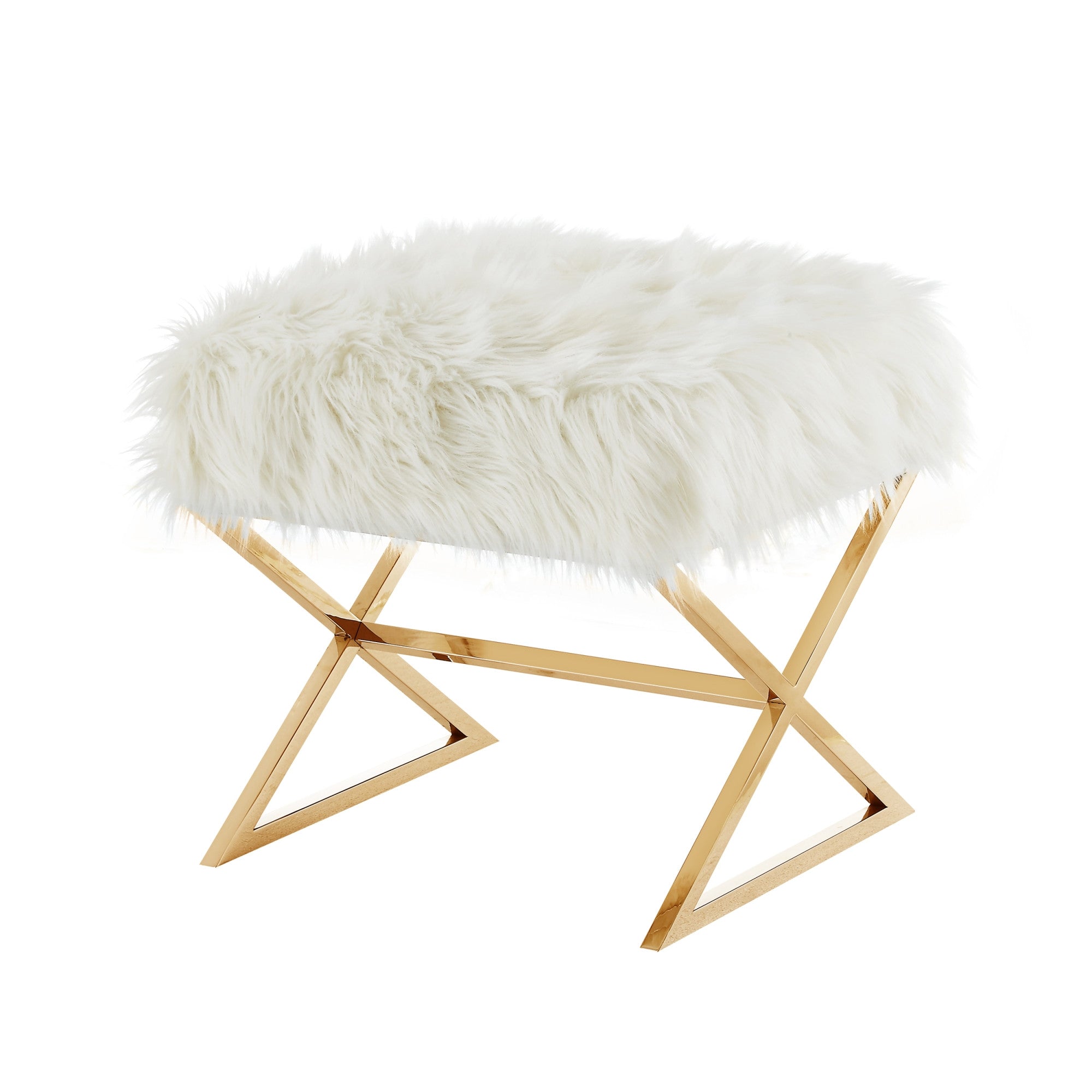 18" White Faux Fur With Brass Ottoman