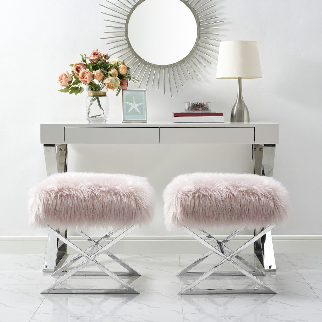18" Rose Faux Fur With Silver Ottoman