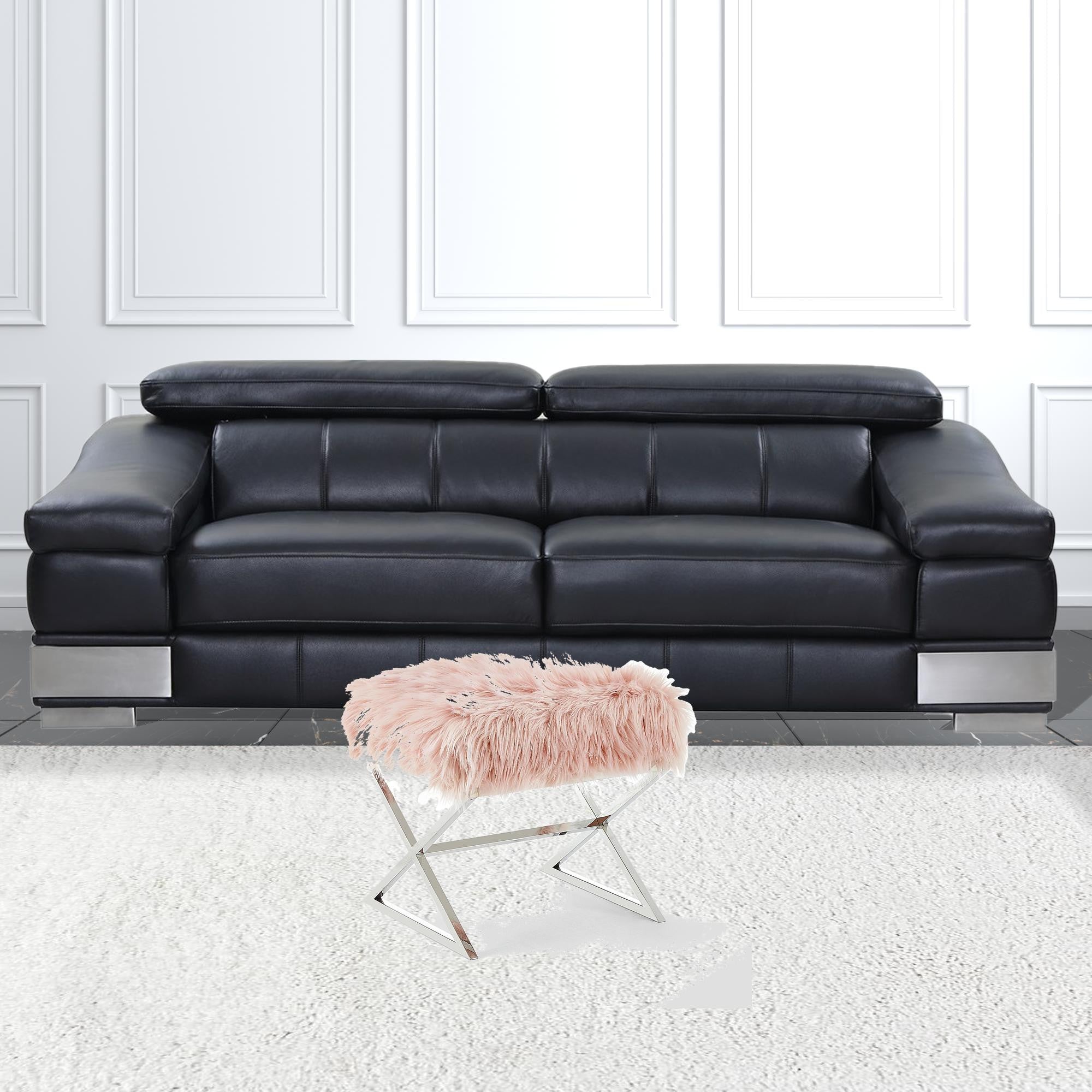18" Rose Faux Fur With Silver Ottoman