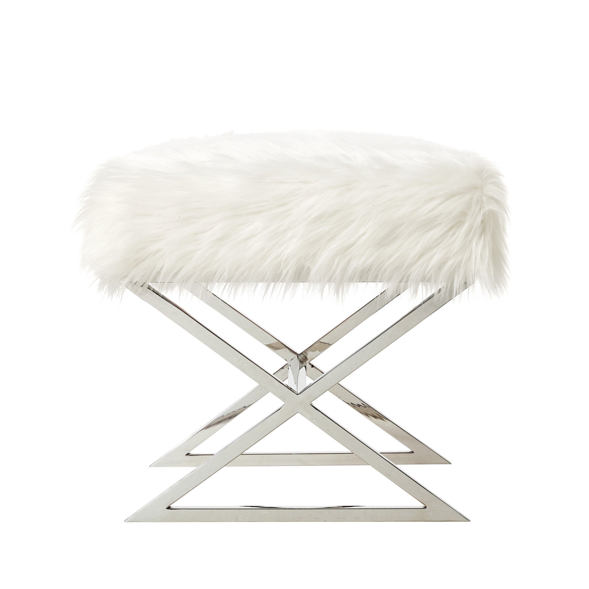 18" White Faux Fur With Silver Ottoman