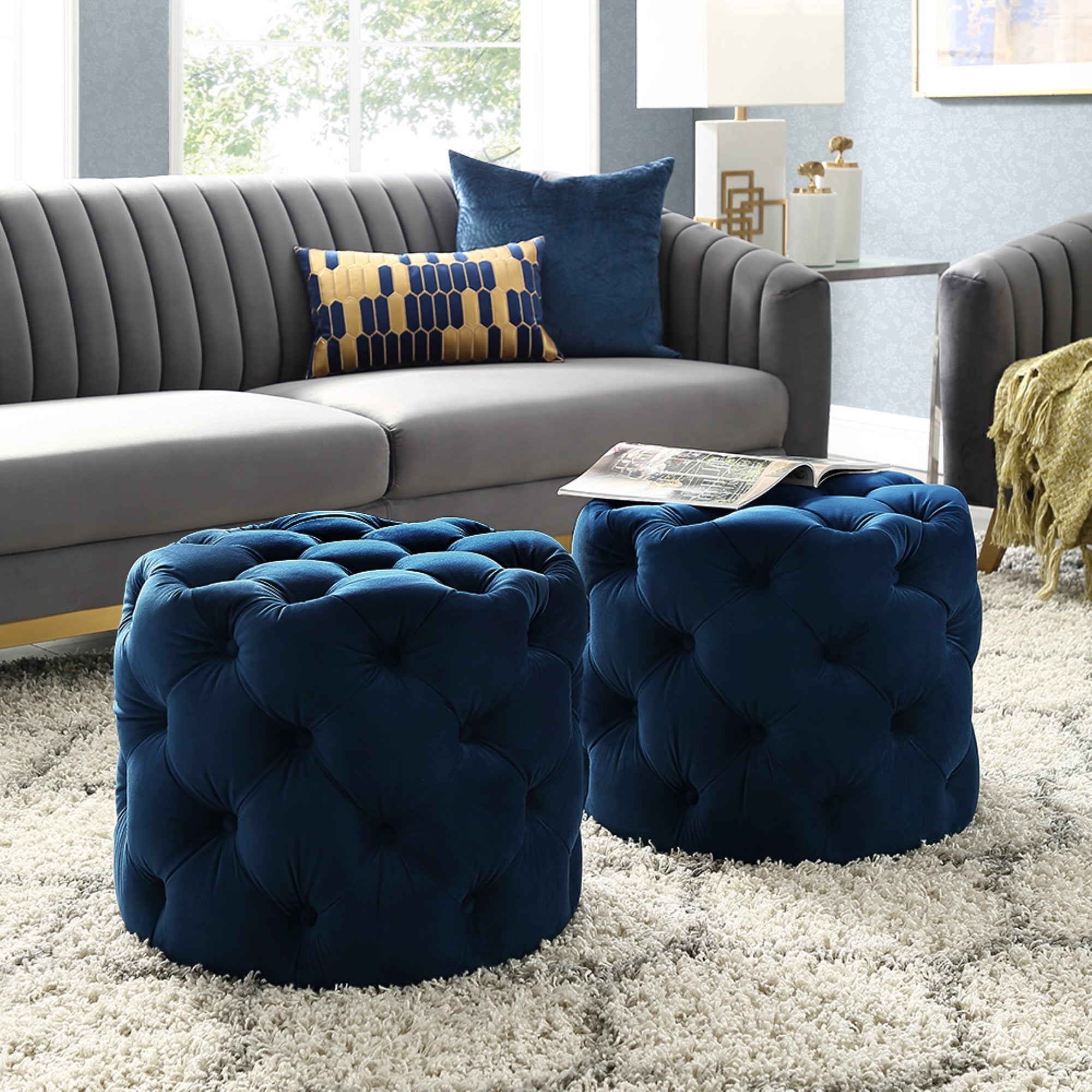 21" Navy Blue Velvet Tufted Round Ottoman