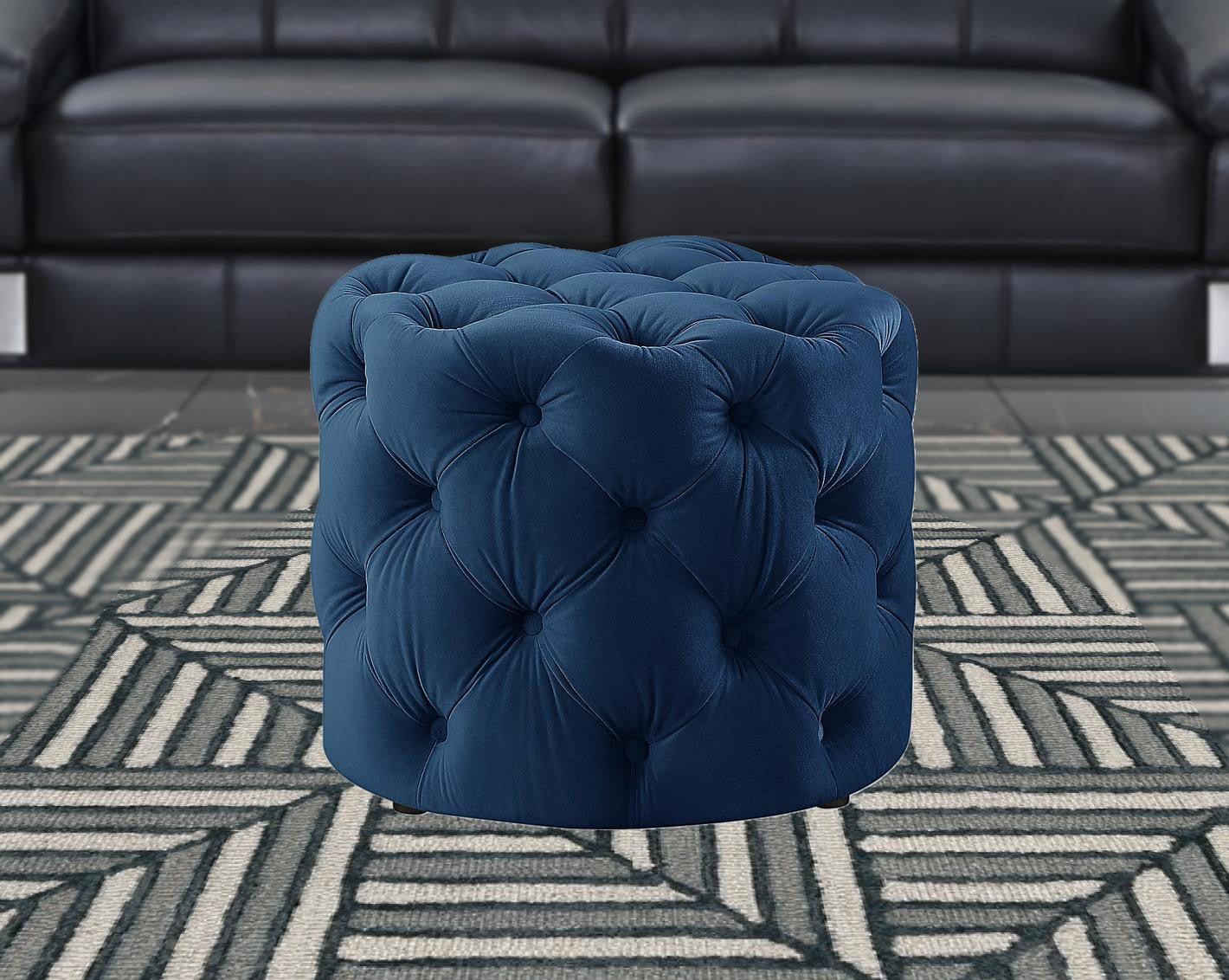 21" Navy Blue Velvet Tufted Round Ottoman