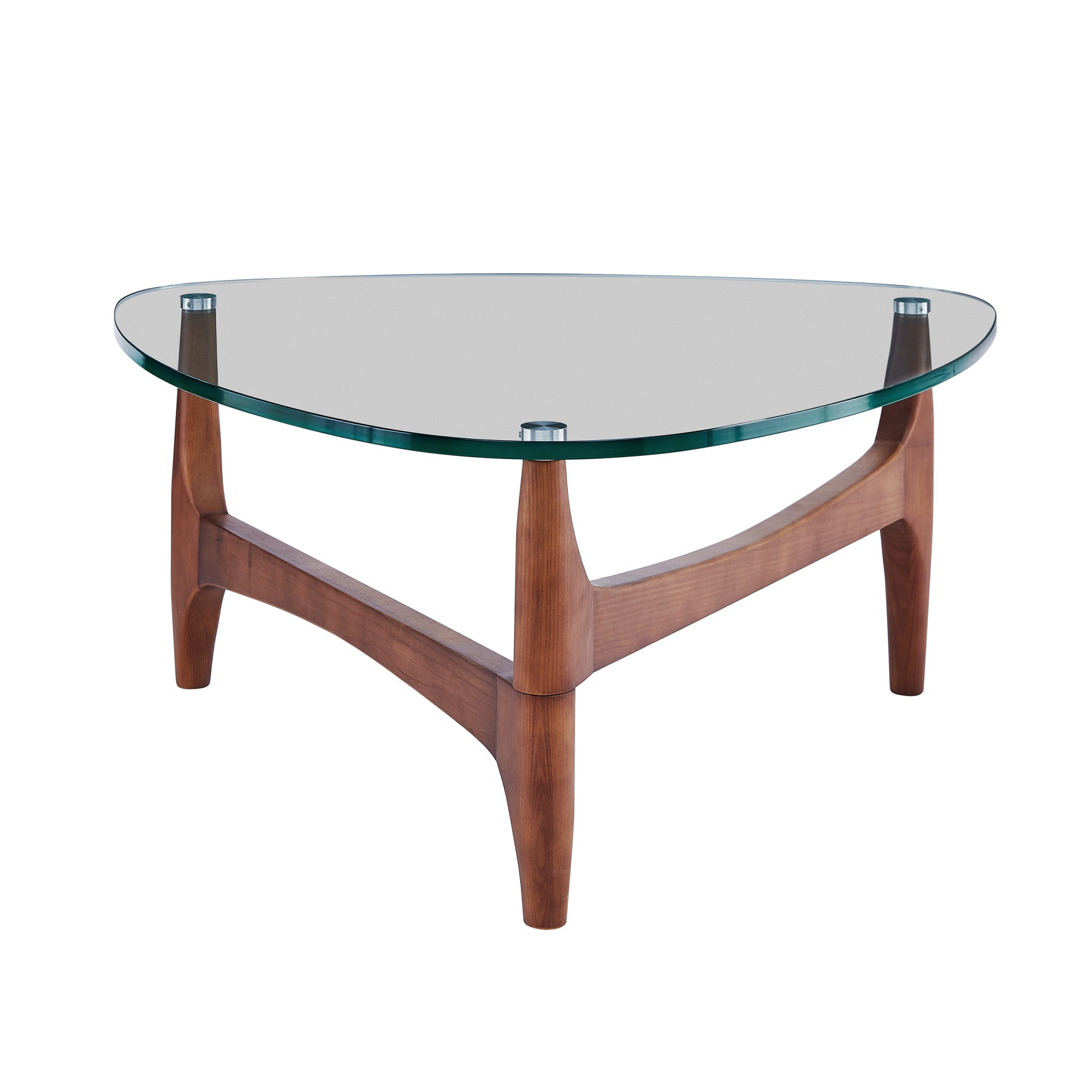 38" Walnut And Clear Glass Triangle Coffee Table