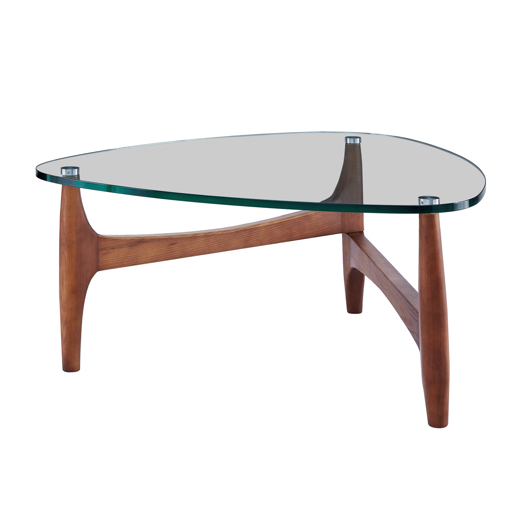 38" Walnut And Clear Glass Triangle Coffee Table