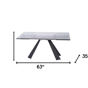 63" Glass and Black Extendable Dining Table With Accordion Metal Base
