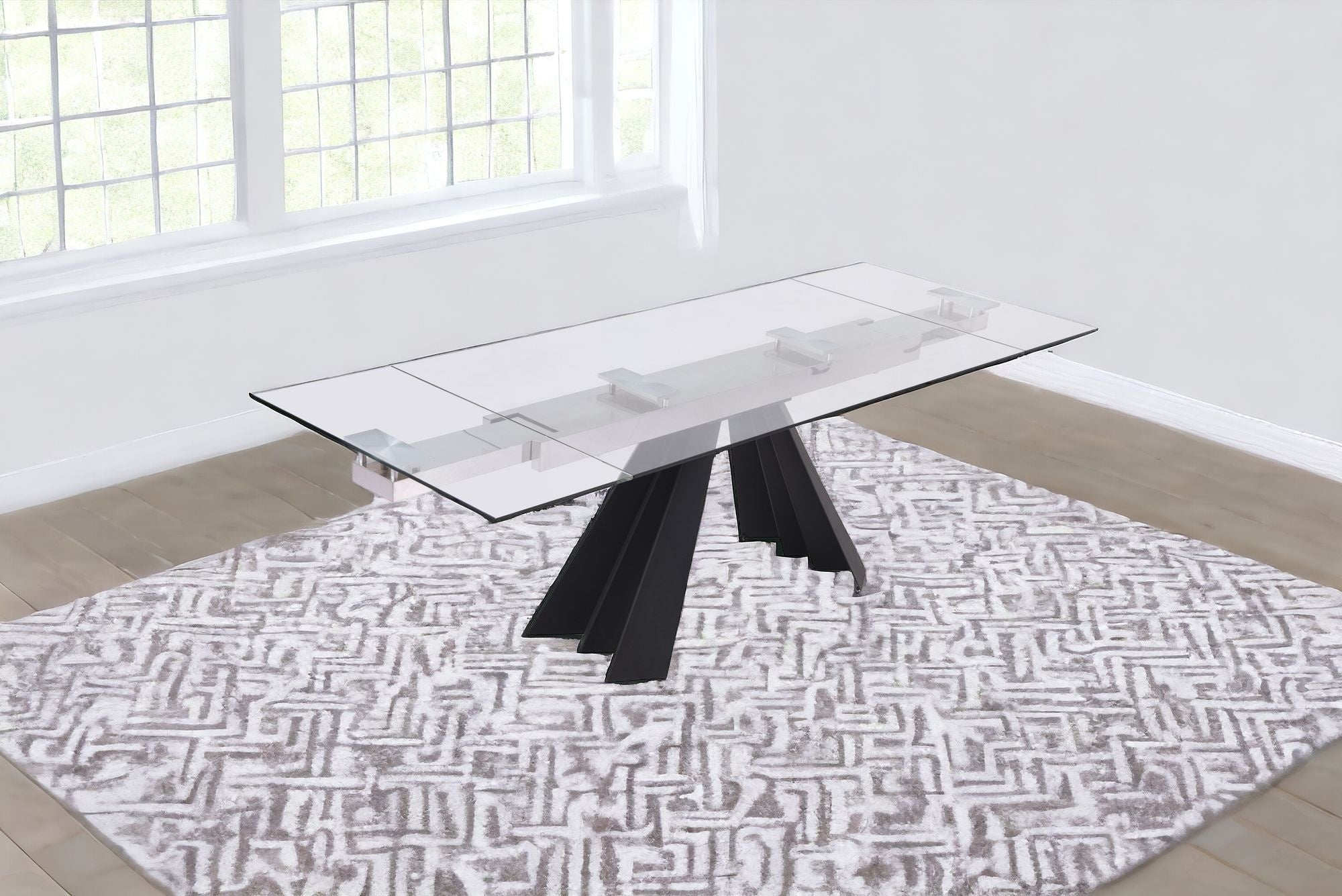 63" Glass and Black Extendable Dining Table With Accordion Metal Base