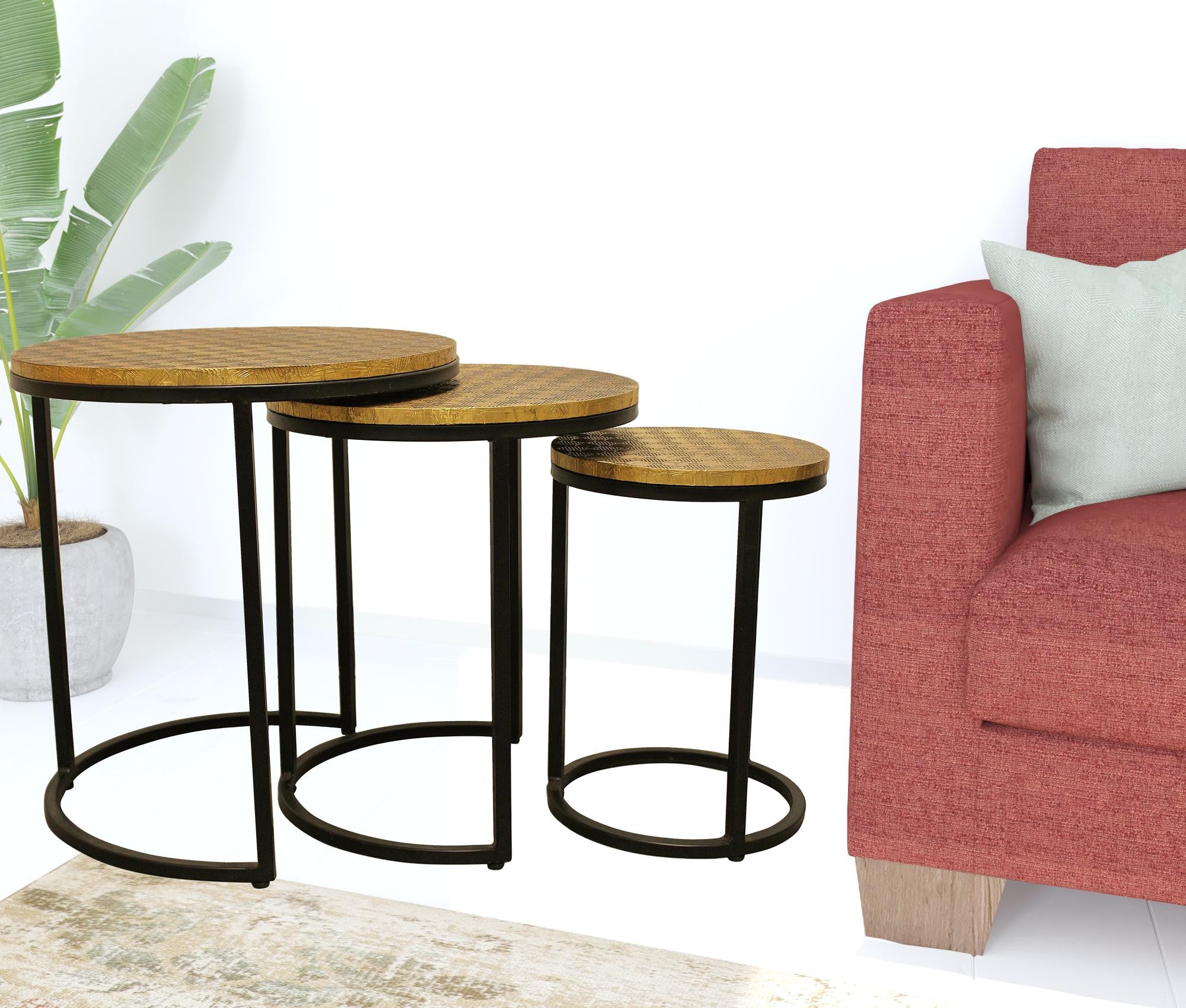 Set Of Three 19" Black And Brass Round Nested Tables