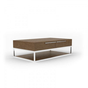 Mesa de centro rectangular de 47" plateada y nogal con dos cajones y estante