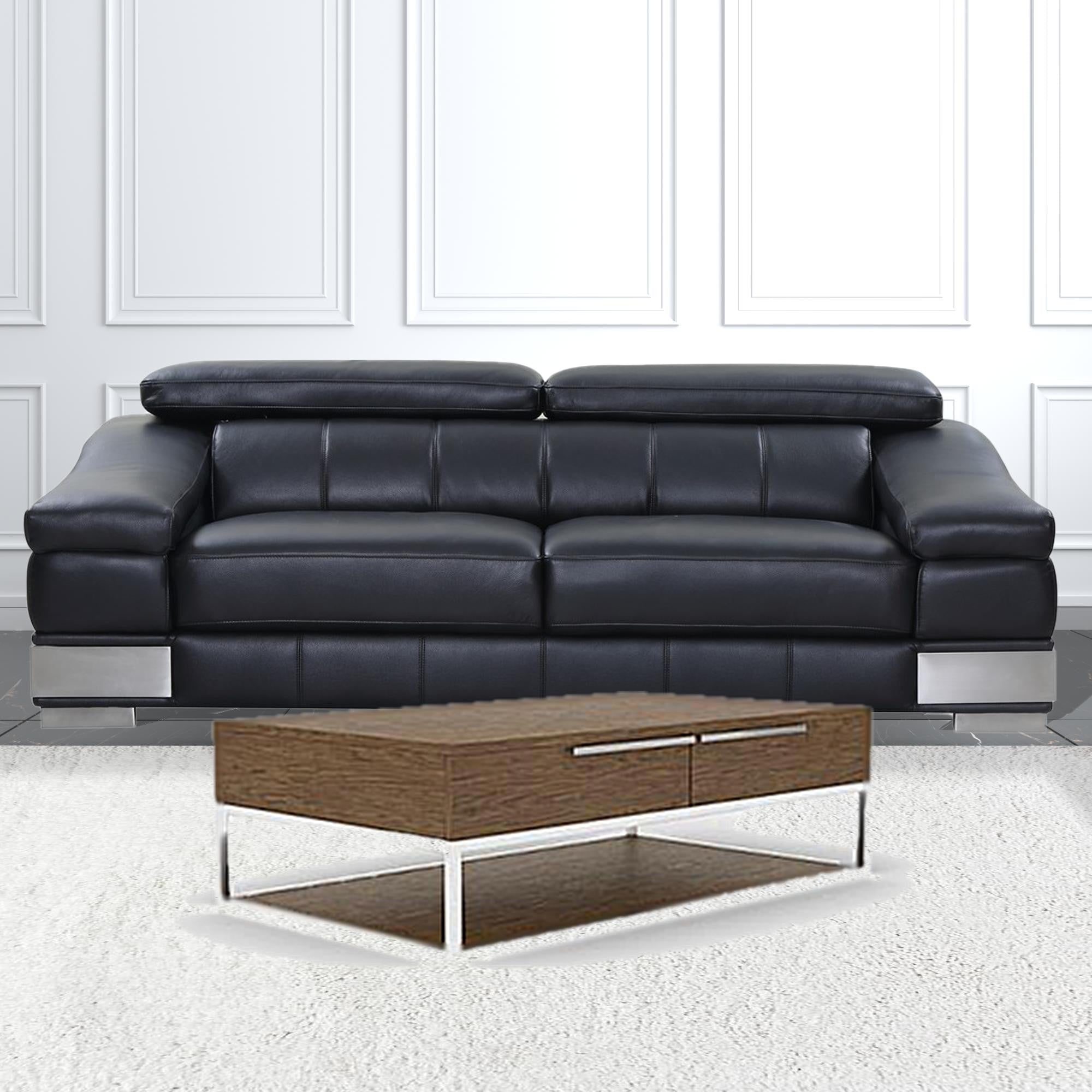 Mesa de centro rectangular de 47" plateada y nogal con dos cajones y estante