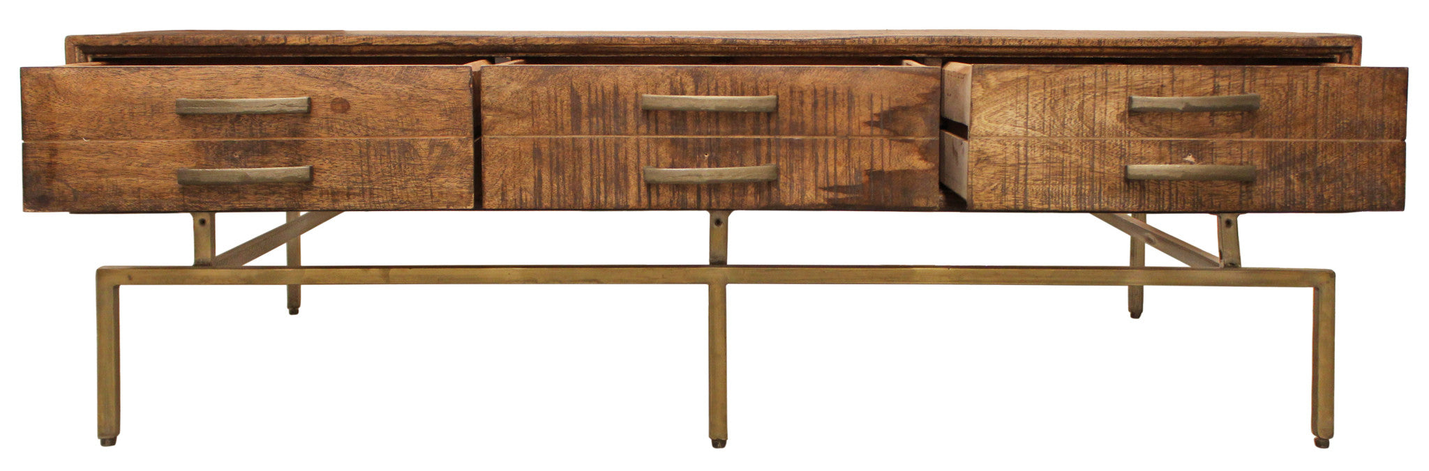 Mesa de centro de almacenamiento envejecida rectangular de latón y madera maciza marrón de 56"