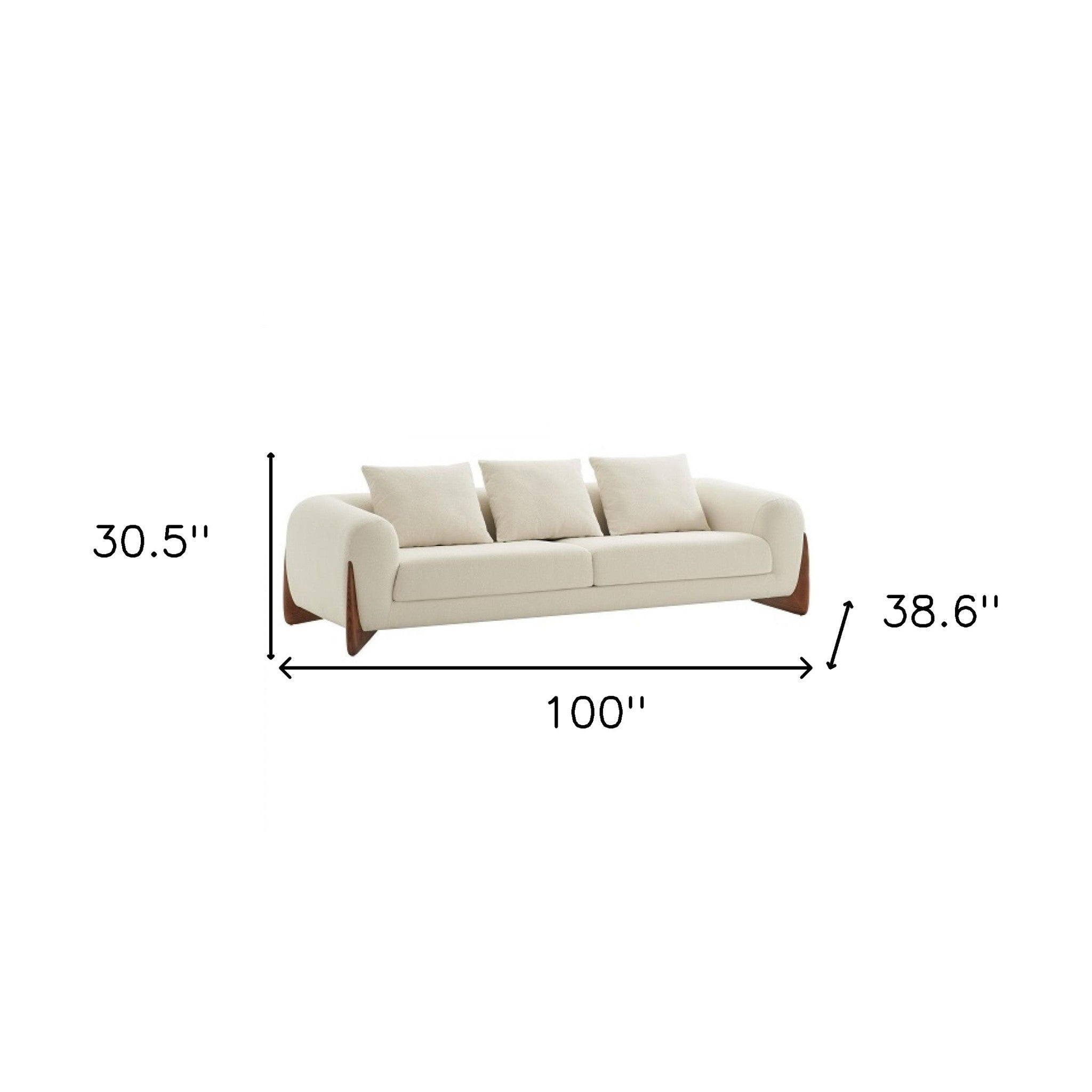 100" Cream Long Fabric and Walnut Wood Standard Sofa