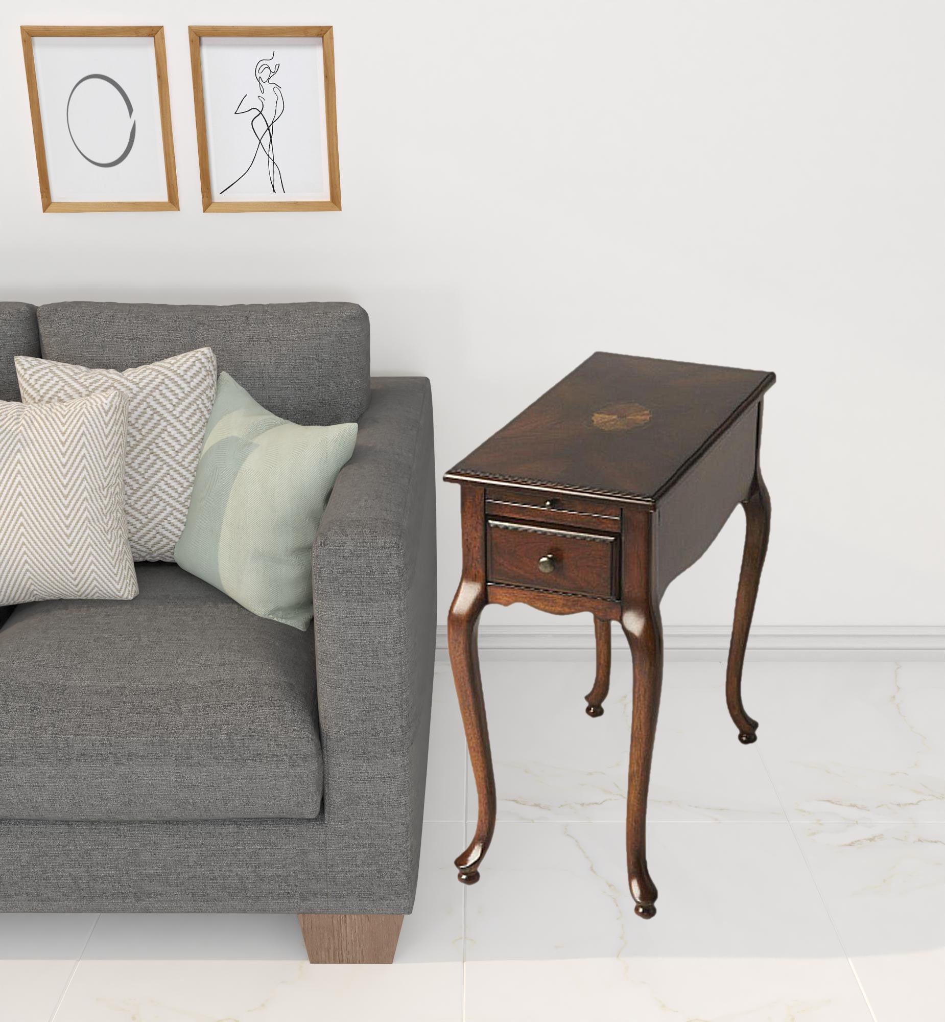 Cherry Brown Solid And Wood Rectangular End Table With Drawer 25"