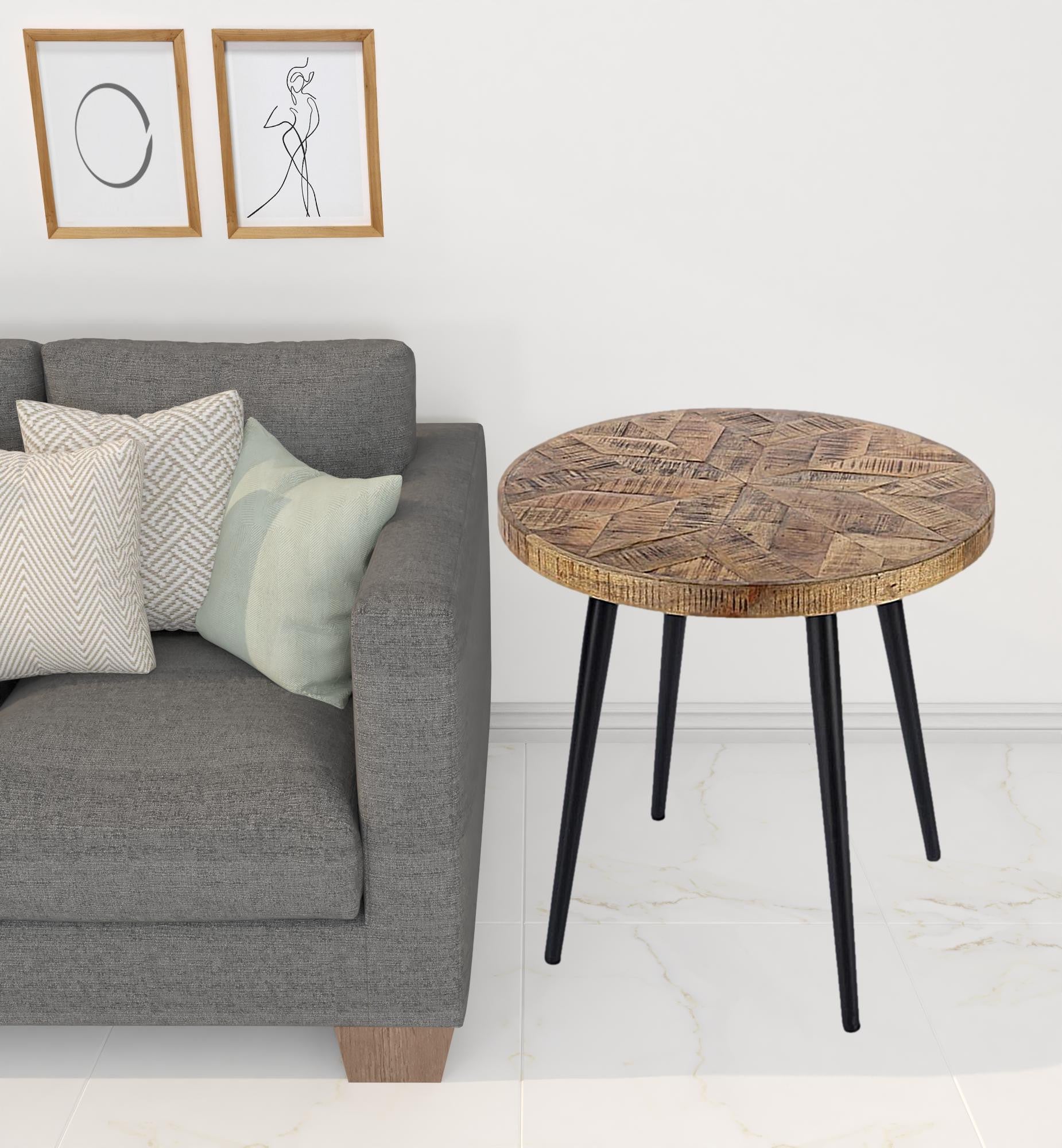 Brown Solid Wood and Black Round End Table 24"