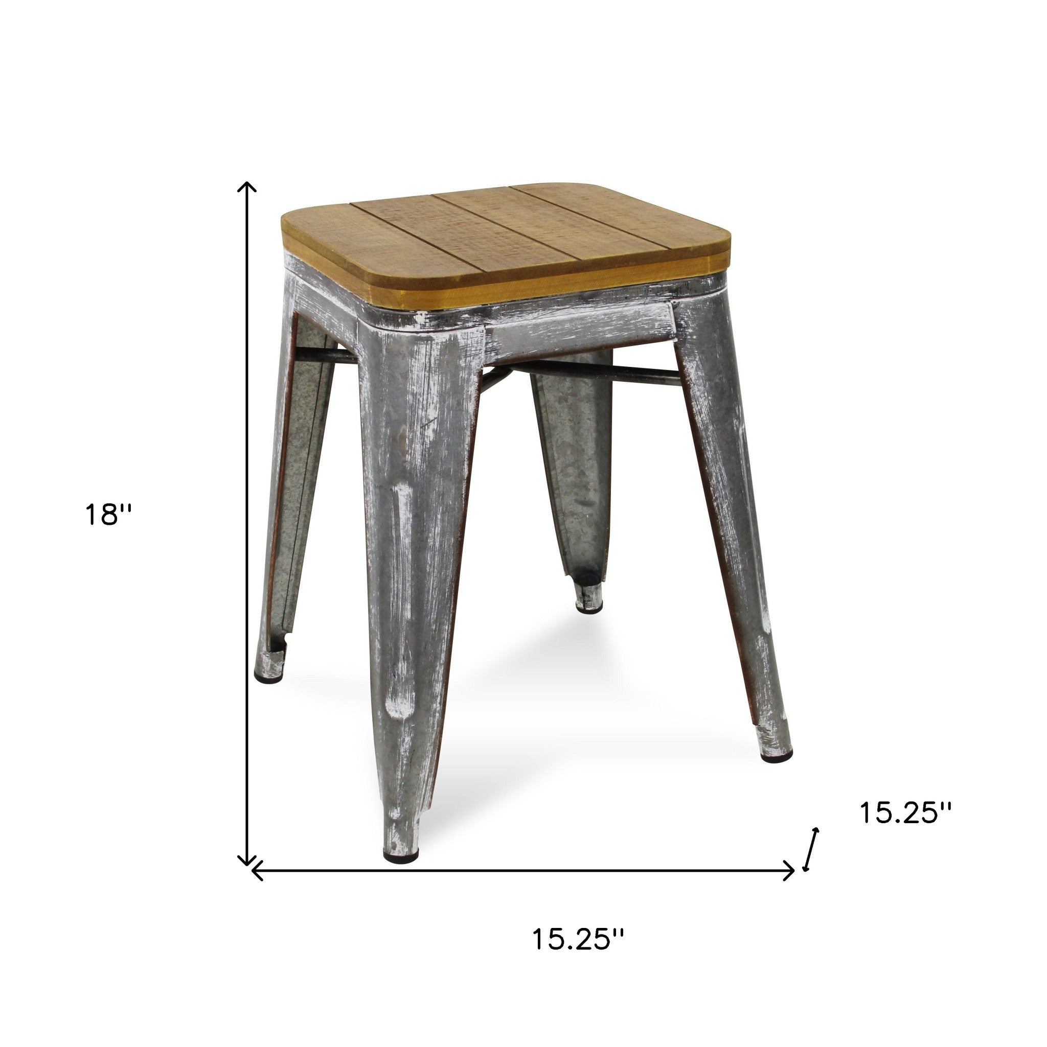 18" Wood Brown And Gray Galvanized Metal Backless Chair