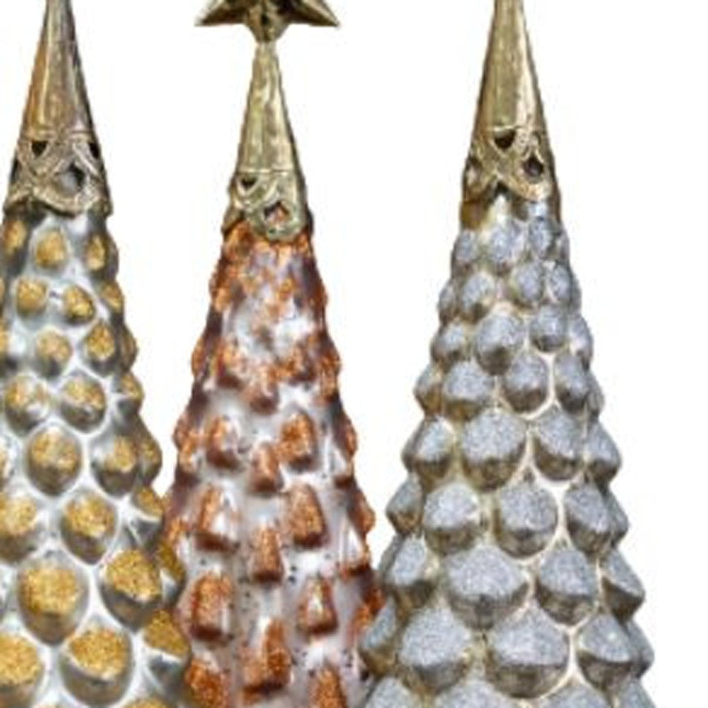 Set Of Three 18" Metallic Glitter Glass Christmas Hand Painted Sculptures