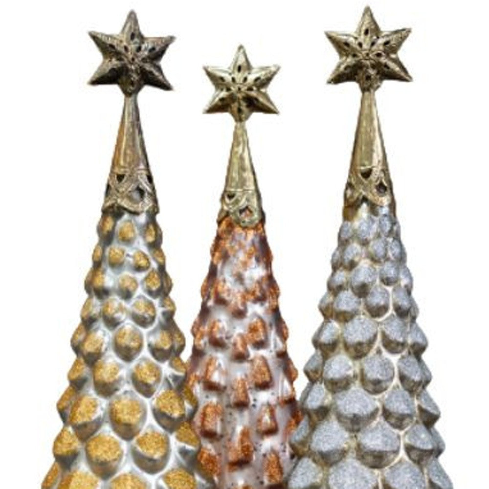 Set Of Three 18" Metallic Glitter Glass Christmas Hand Painted Sculptures