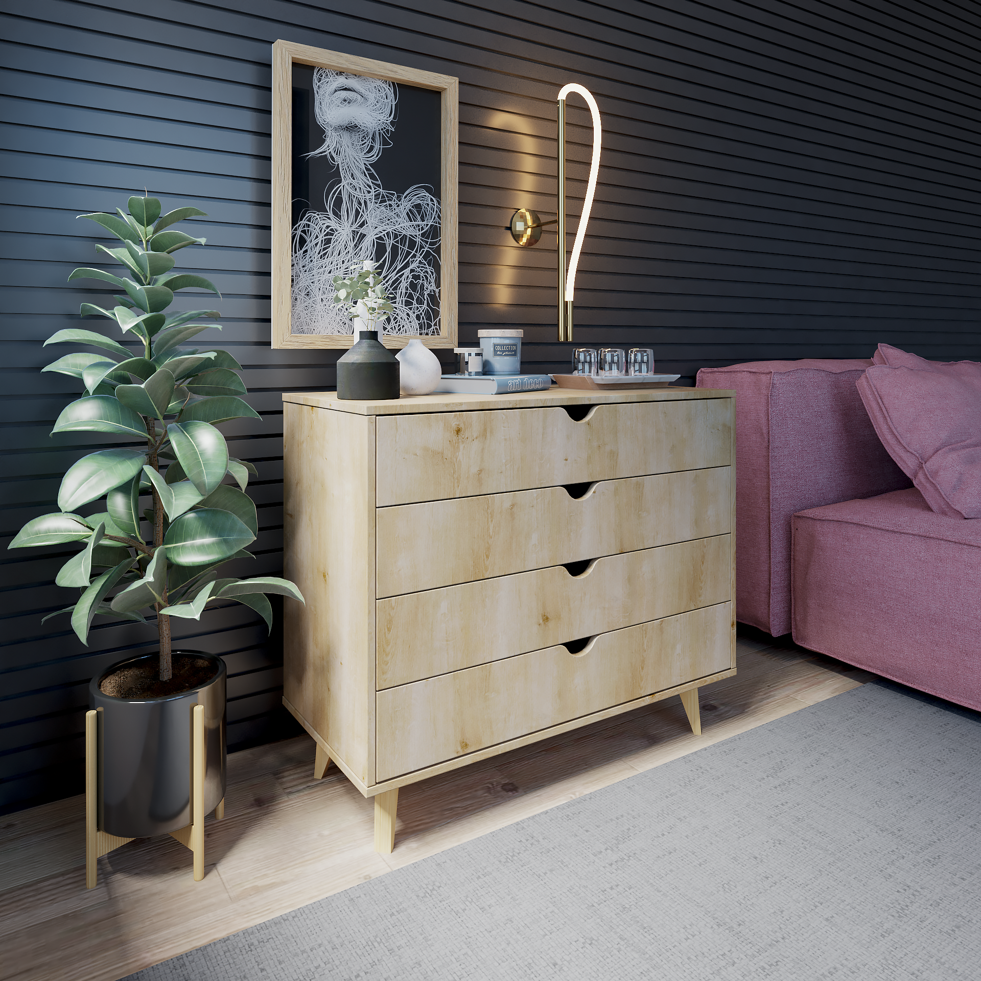 35" Natural Solid Wood Four Drawer Standard Dresser