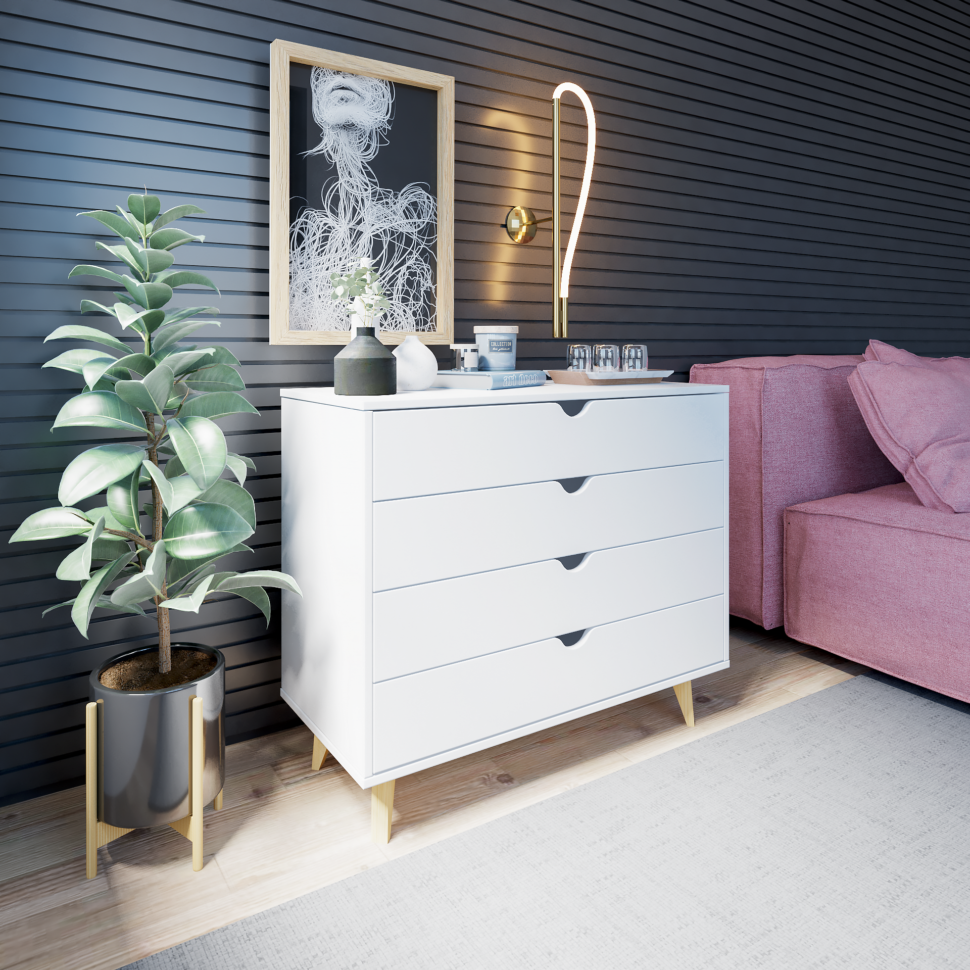 35" White Solid Wood Four Drawer Standard Dresser