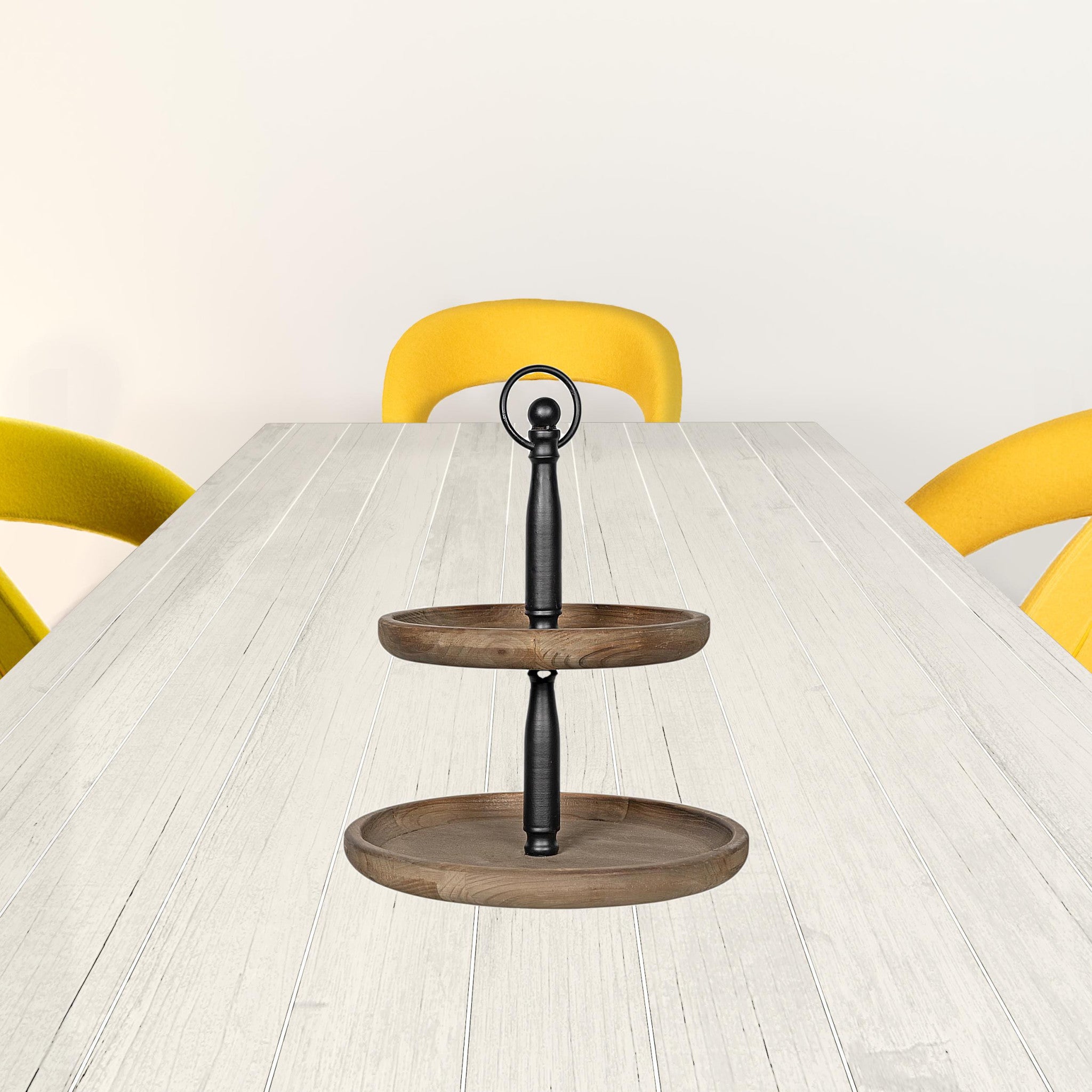 Dark Natural Wood Round Two Tier Solid Wood Tray 12"