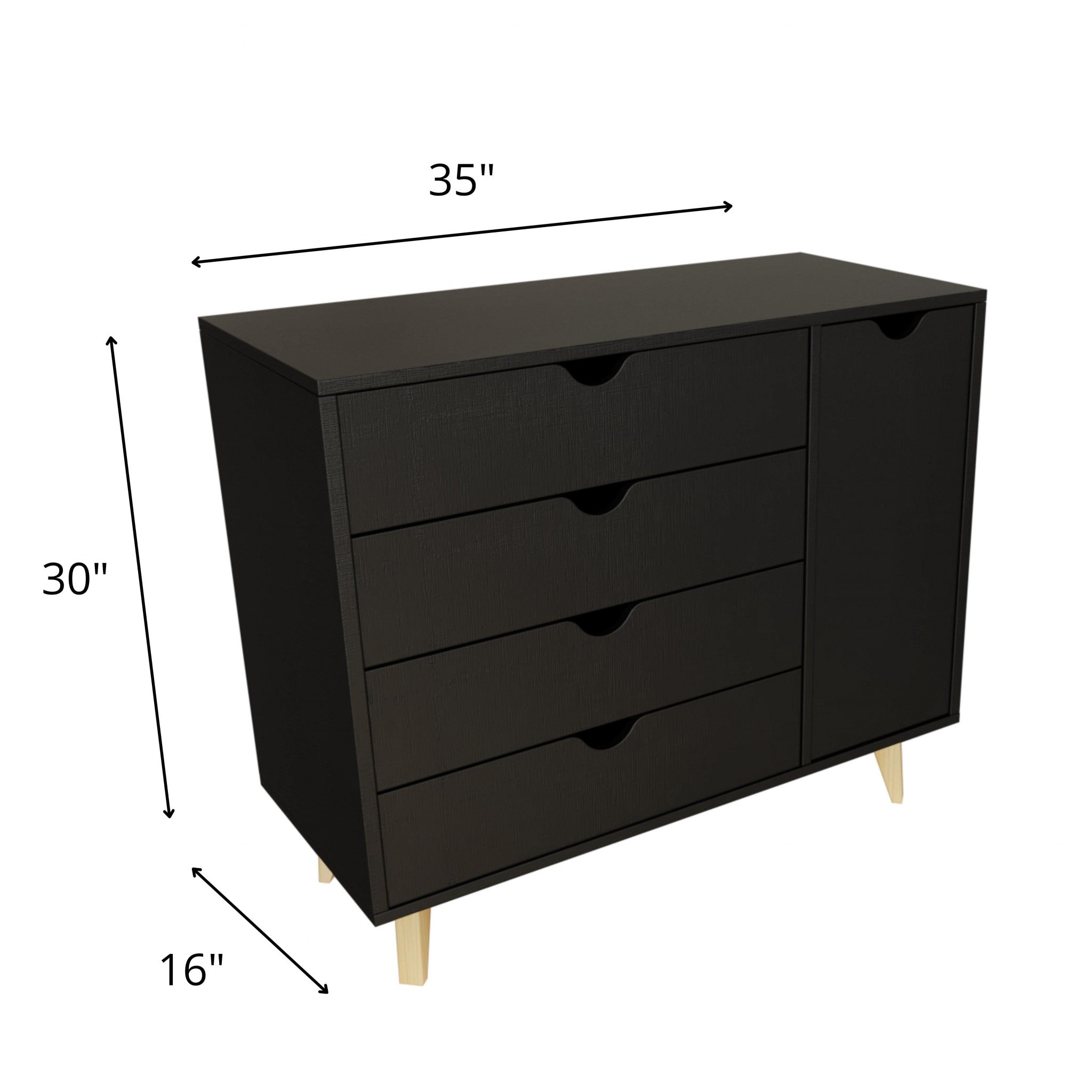 Black Solid Wood Four Drawer Combo Dresser 35"