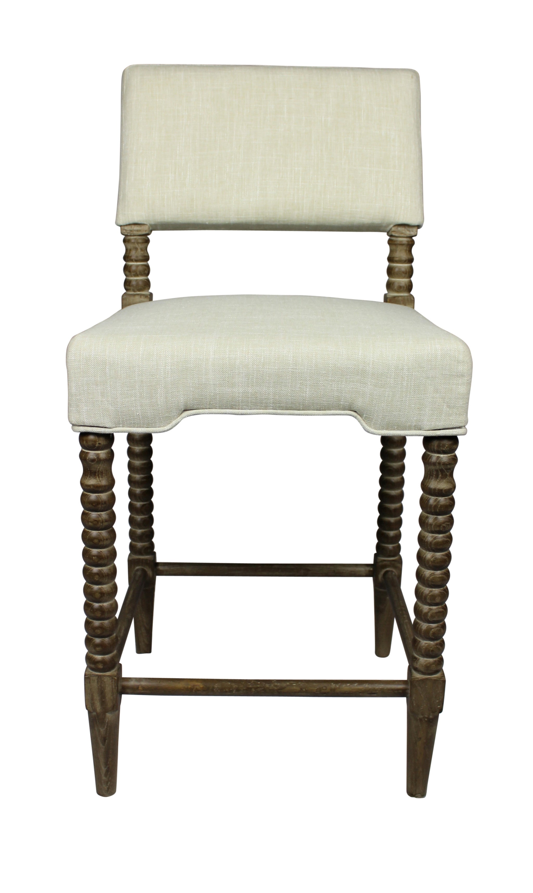 41" Brown Carved Wood and Ivory Woven Upholstered Counter Height Bar Chair