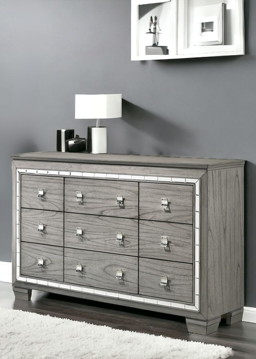64" Light Gray Oak Manufactured Wood Nine Drawer Triple Dresser