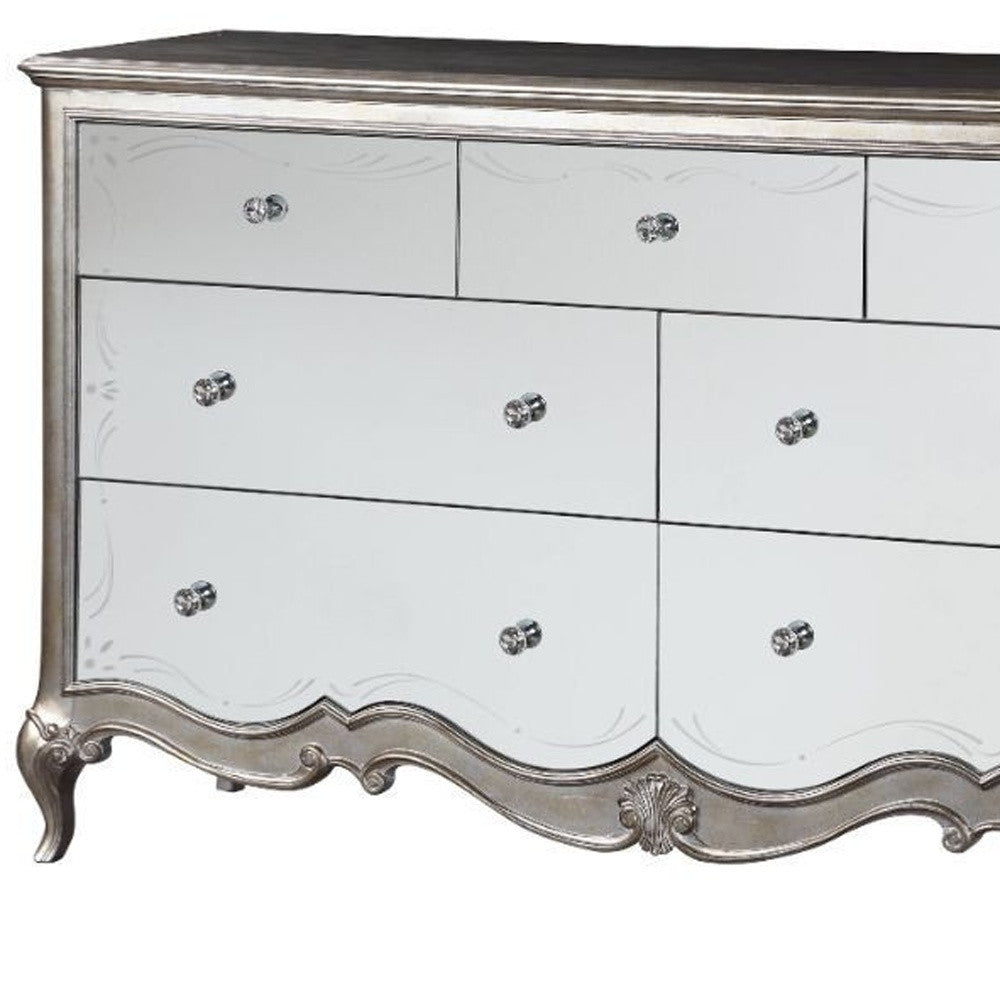 70" Antique Champagne Mirrored Seven Drawer Triple Dresser