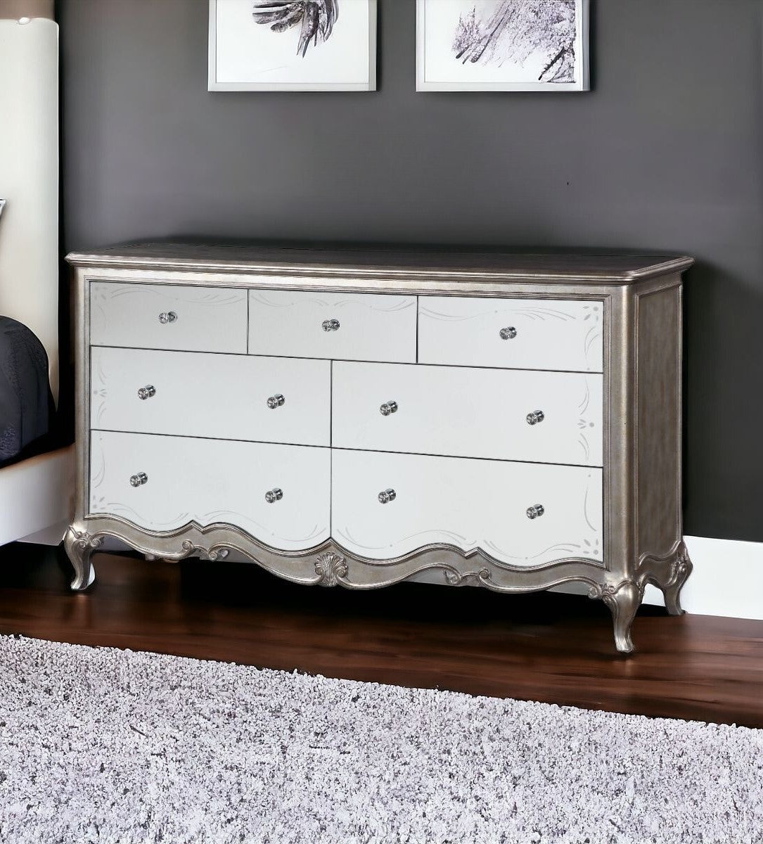 70" Antique Champagne Mirrored Seven Drawer Triple Dresser