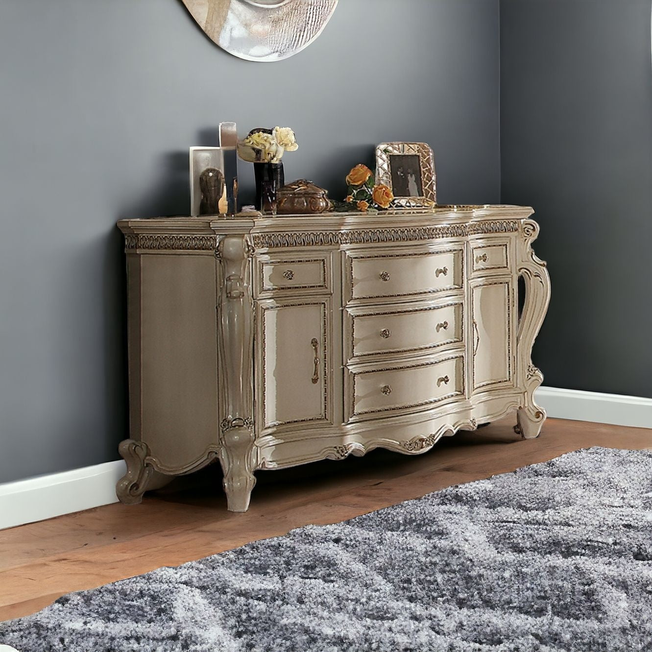 69" Antique Pearl Manufactured Wood Five Drawer Standard Dresser