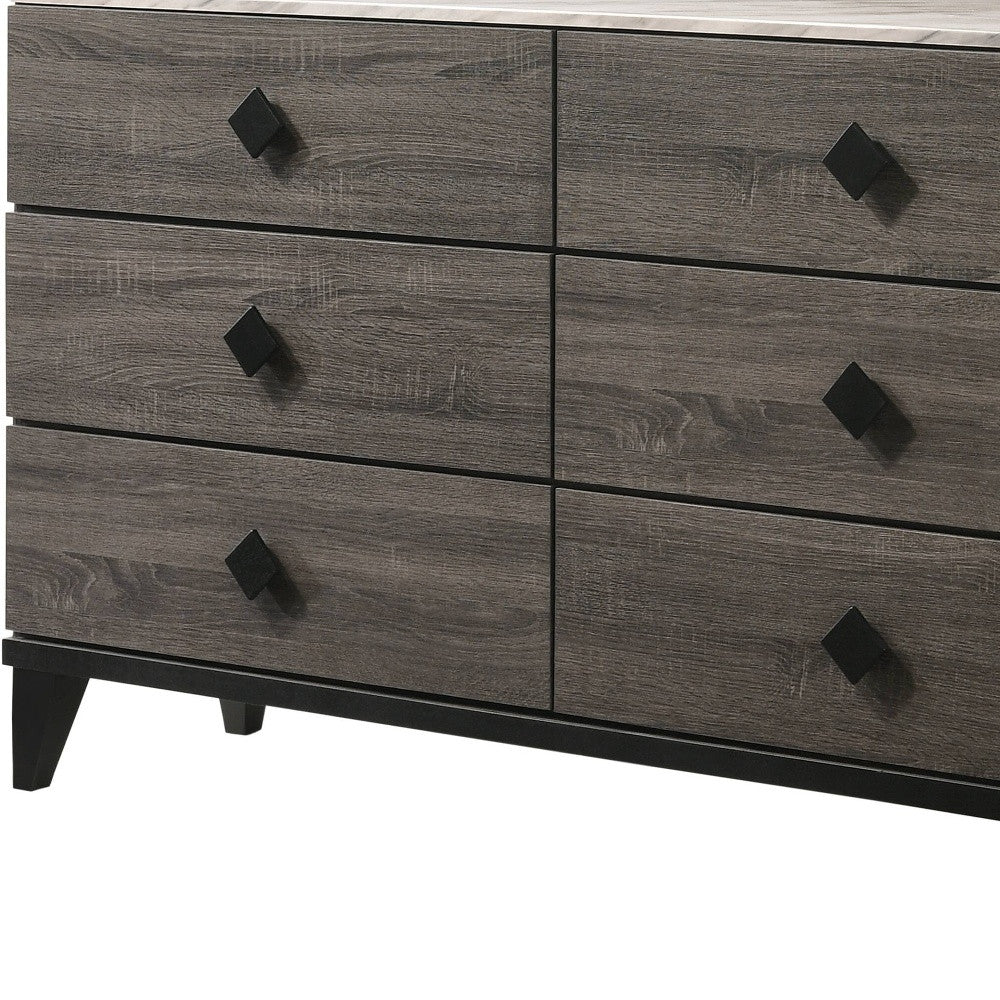 61" Faux Marble Rustic Gray Oak Six Drawer Standard Dresser