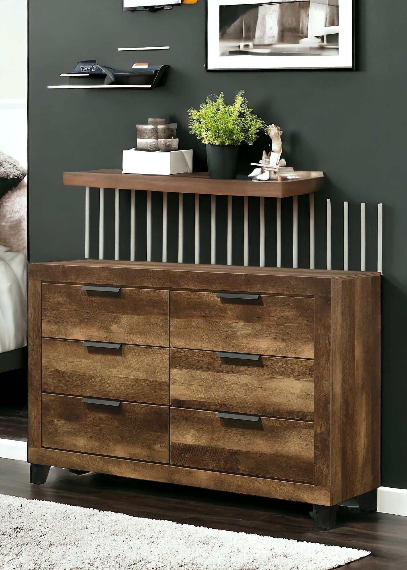 57" Rustic Oak Finish Manufactured Wood Six Drawer Standard Dresser