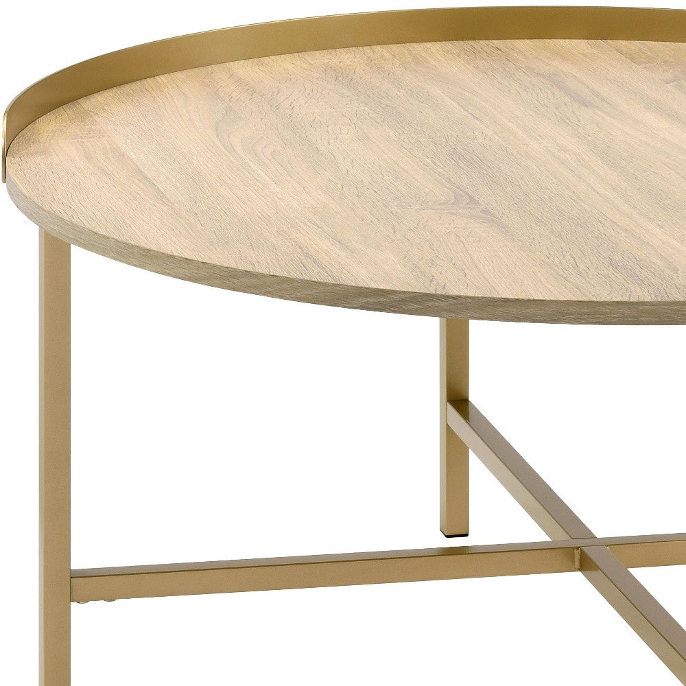 Mesa de centro redonda de madera y metal fabricada en oro y roble de 34"