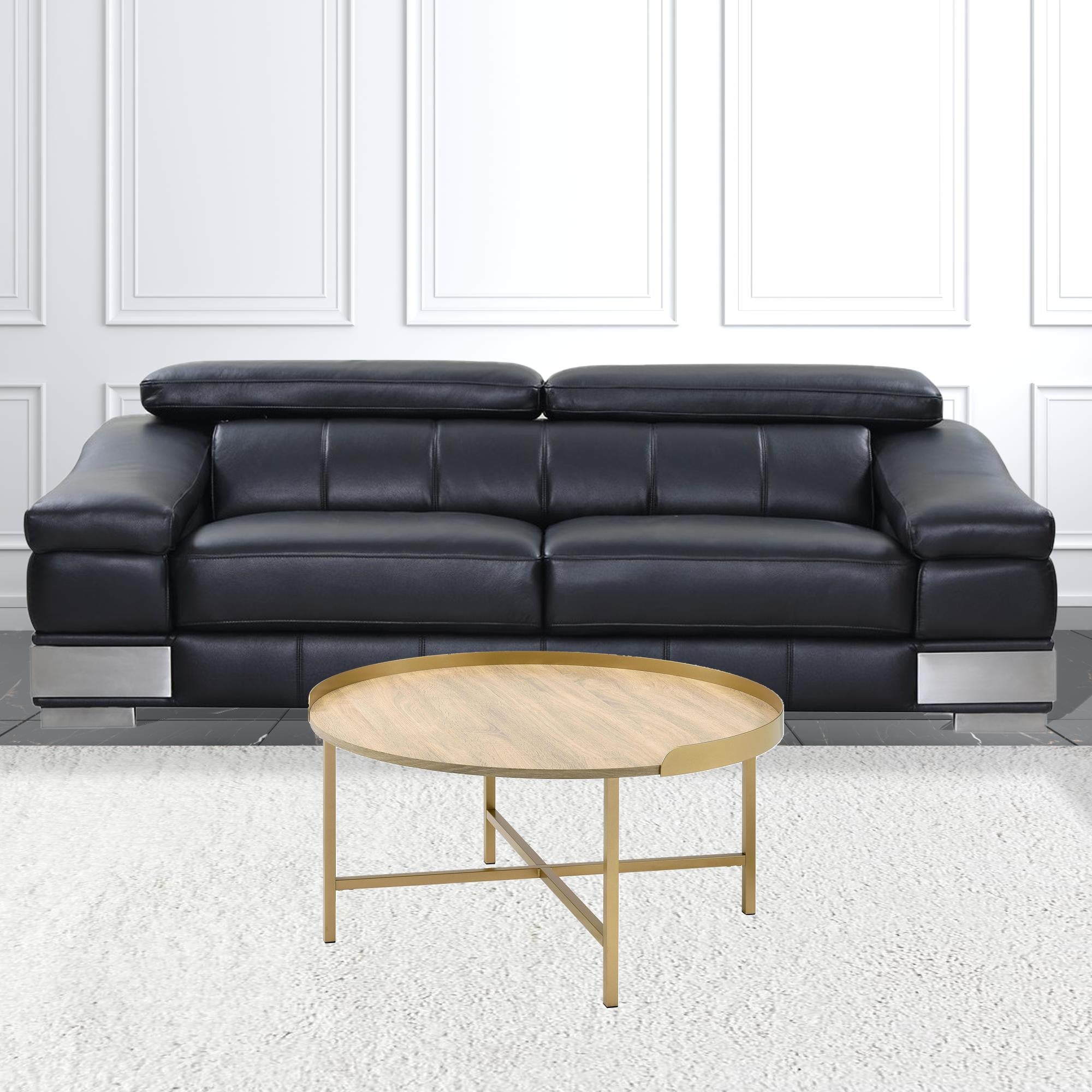 Mesa de centro redonda de madera y metal fabricada en oro y roble de 34"