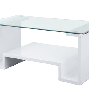 47" White And Clear Glass And Manufactured Wood Rectangular Coffee Table With Shelf