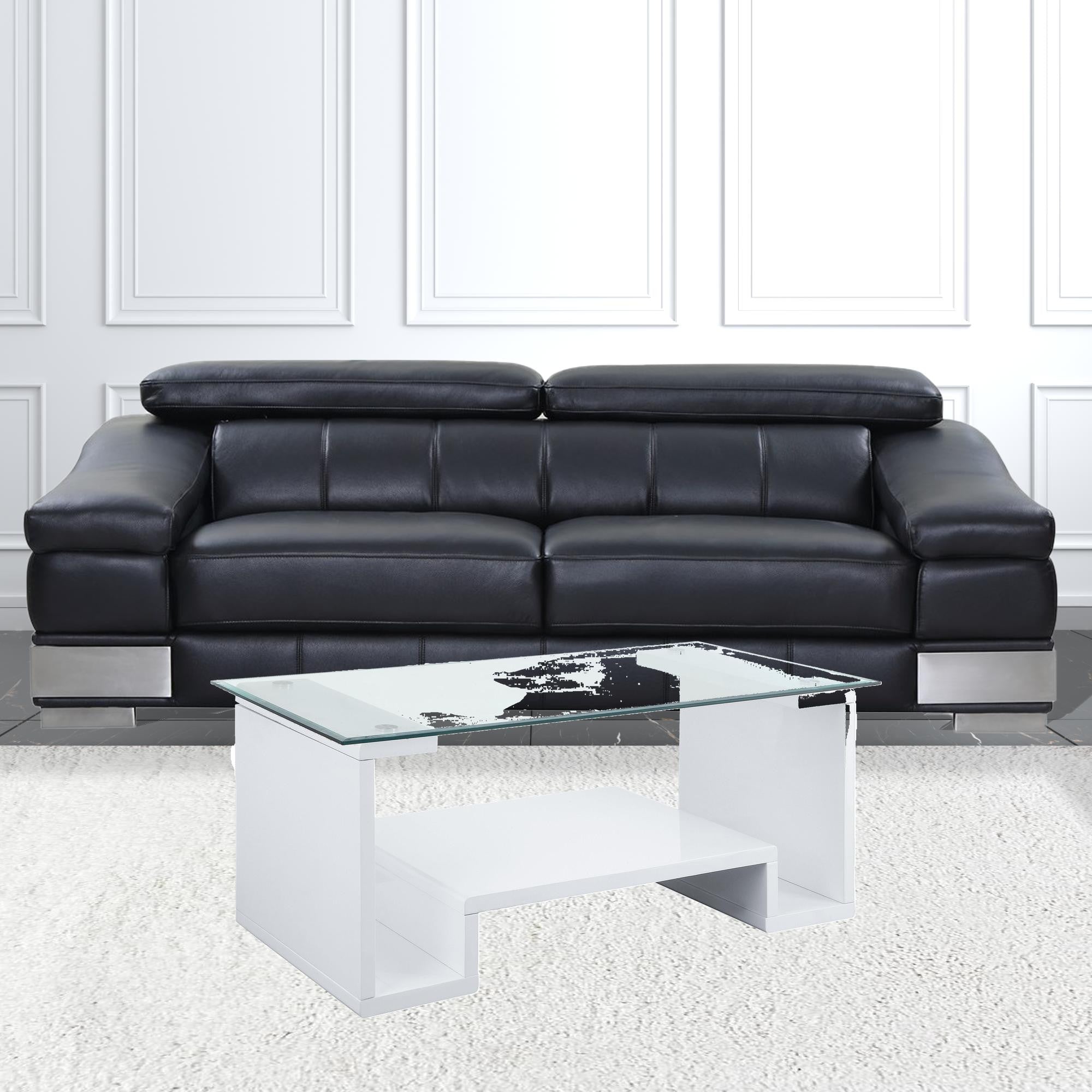 47 英寸白色透明玻璃和人造木矩形咖啡桌帶架子