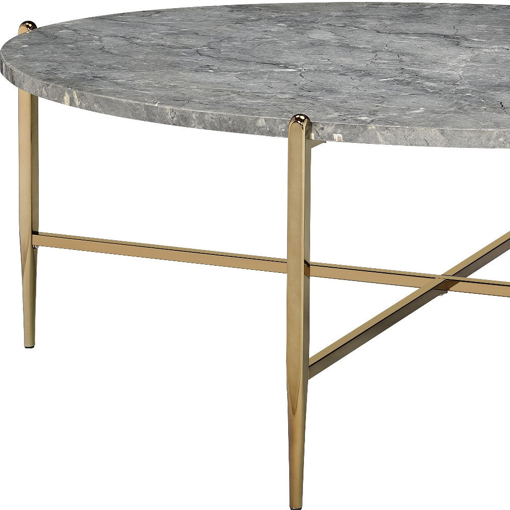 48" Champagne And Faux Marble Paper Veneer And Metal Oval Coffee Table